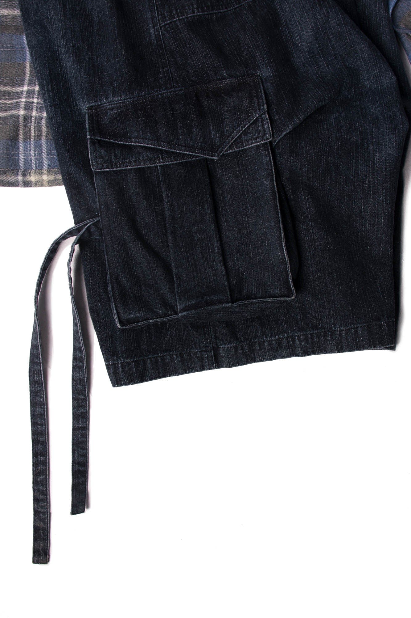 RELABEL Detachable Plaid Drape Denim Shorts, premium urban and streetwear designers apparel on PROJECTISR.com, RELABEL