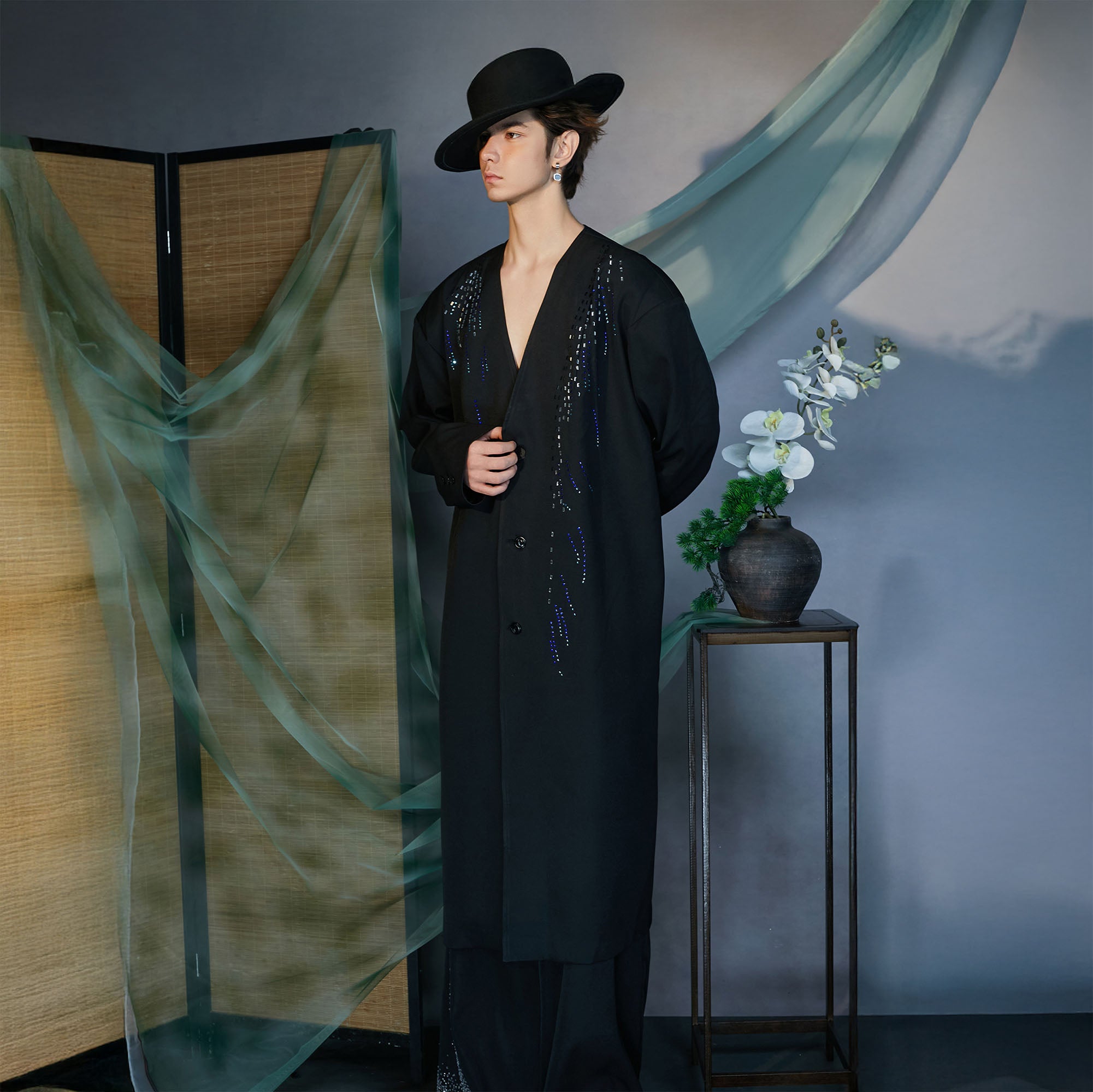 JIECHI Sequin Embroidery V-Neck Overcoat, premium urban and streetwear designers apparel on PROJECTISR.com, JIECHI
