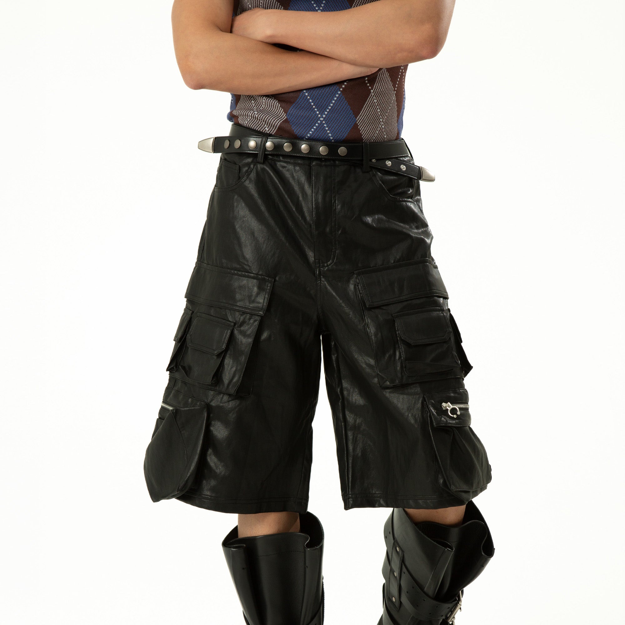 CLP Punk Faux Leather Multi-Pocket Cargo Shorts, premium urban and streetwear designers apparel on PROJECTISR.com, CLP