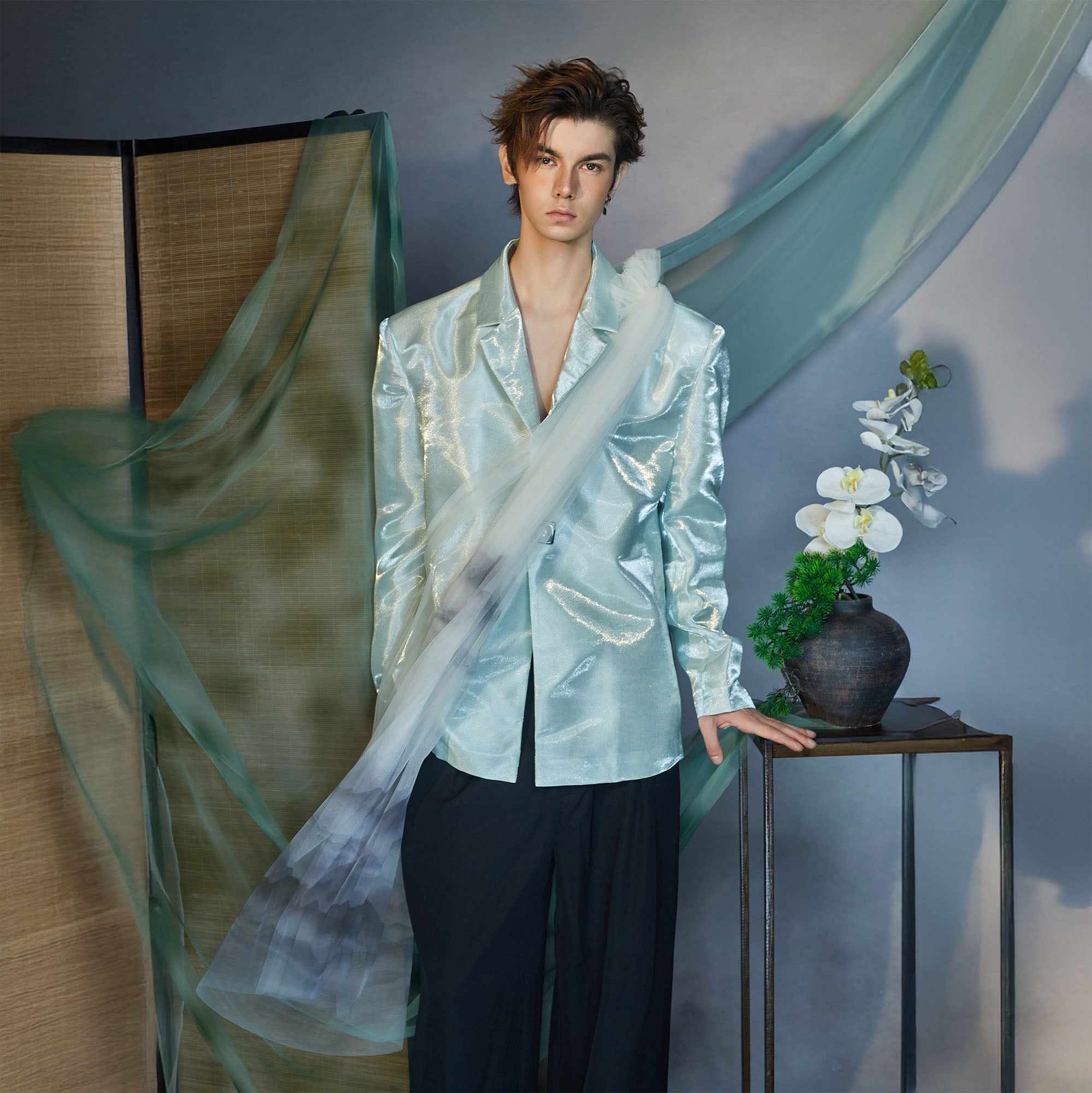 JIECHI Gradient Tulle Drape Satin Blazer, premium urban and streetwear designers apparel on PROJECTISR.com, JIECHI