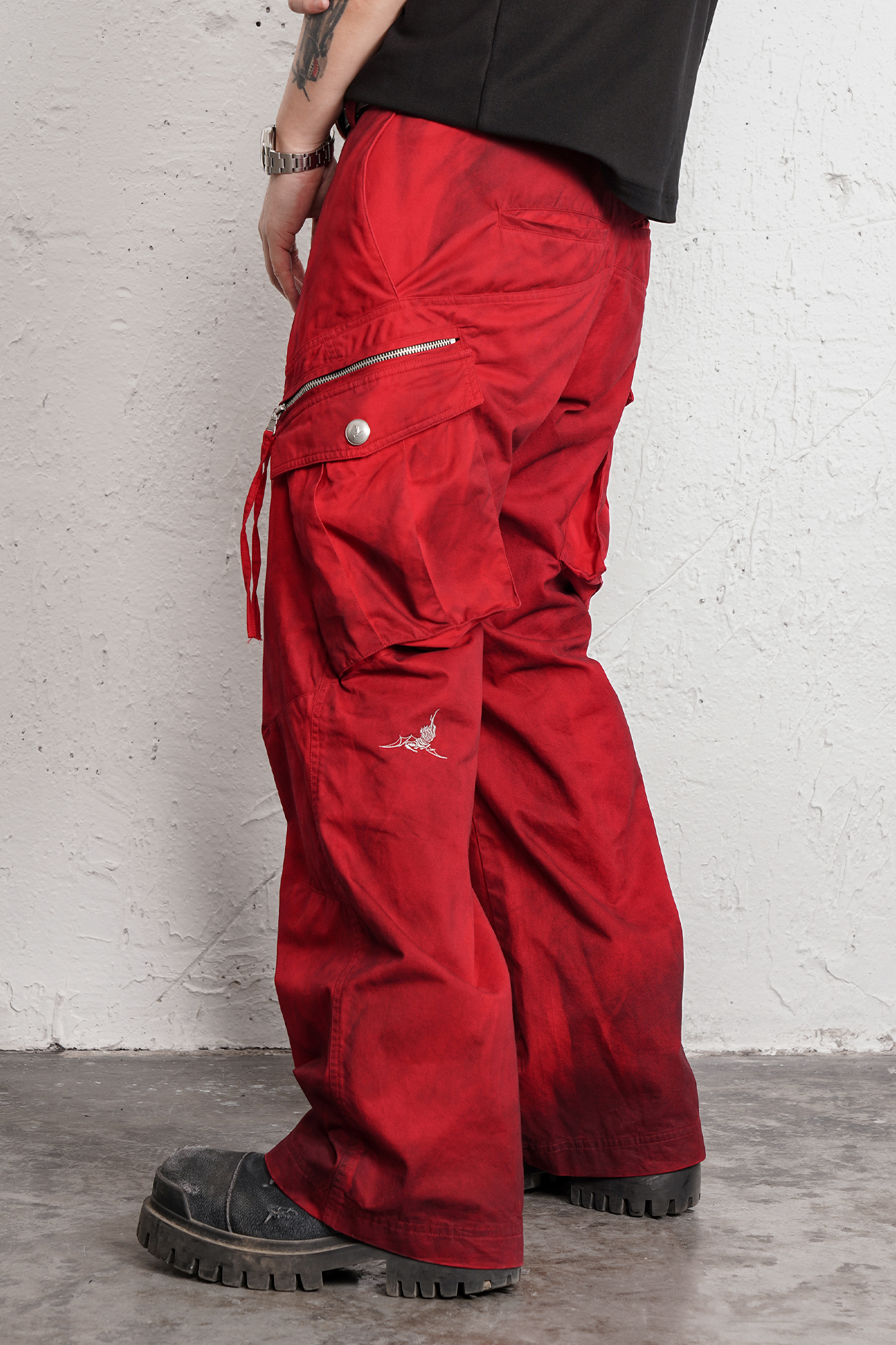 UNDERWATER Burnt Red Dirty-Dyed Moleskin Cargo Pants, premium urban and streetwear designers apparel on PROJECTISR.com, UNDERWATER