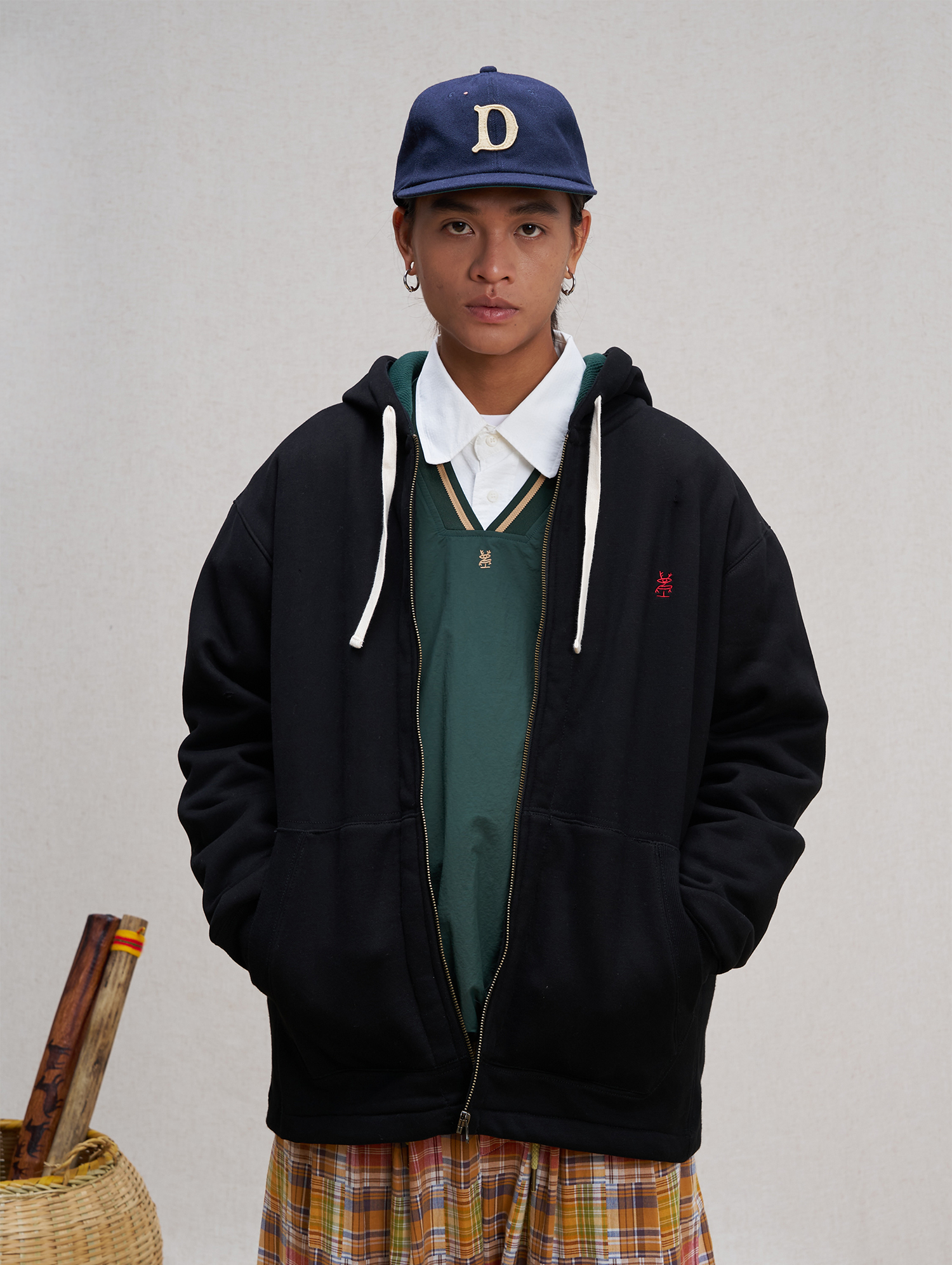 UNLIMITED MOTE Embroidered Waffle Lining Drawstring Hood Jacket
