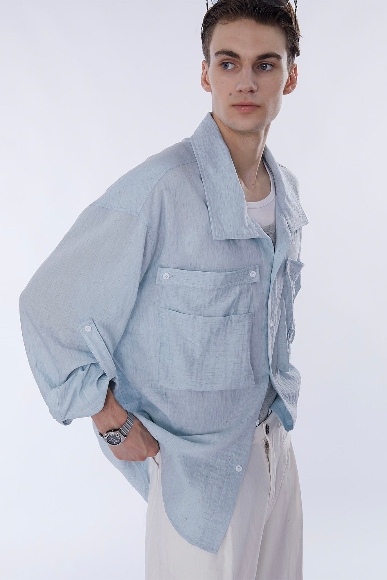 ASSEEN Rose Embroidered Pocket Linen-Blended Overshirt, premium urban and streetwear designers apparel on PROJECTISR.com, ASSEEN