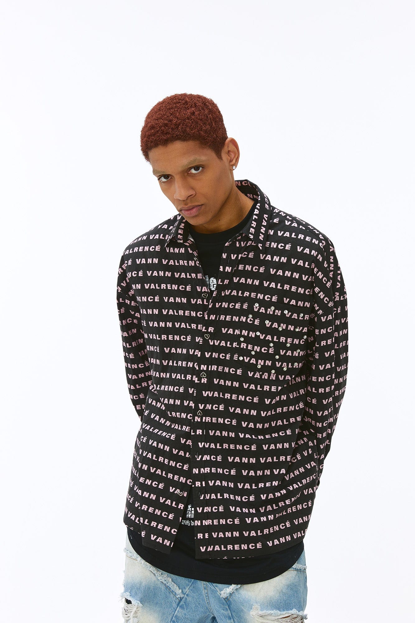 VANN VALRENCE Monogram Crystal-Studded Oversized Shirt, premium urban and streetwear designers apparel on PROJECTISR.com, VANN VALRENCE