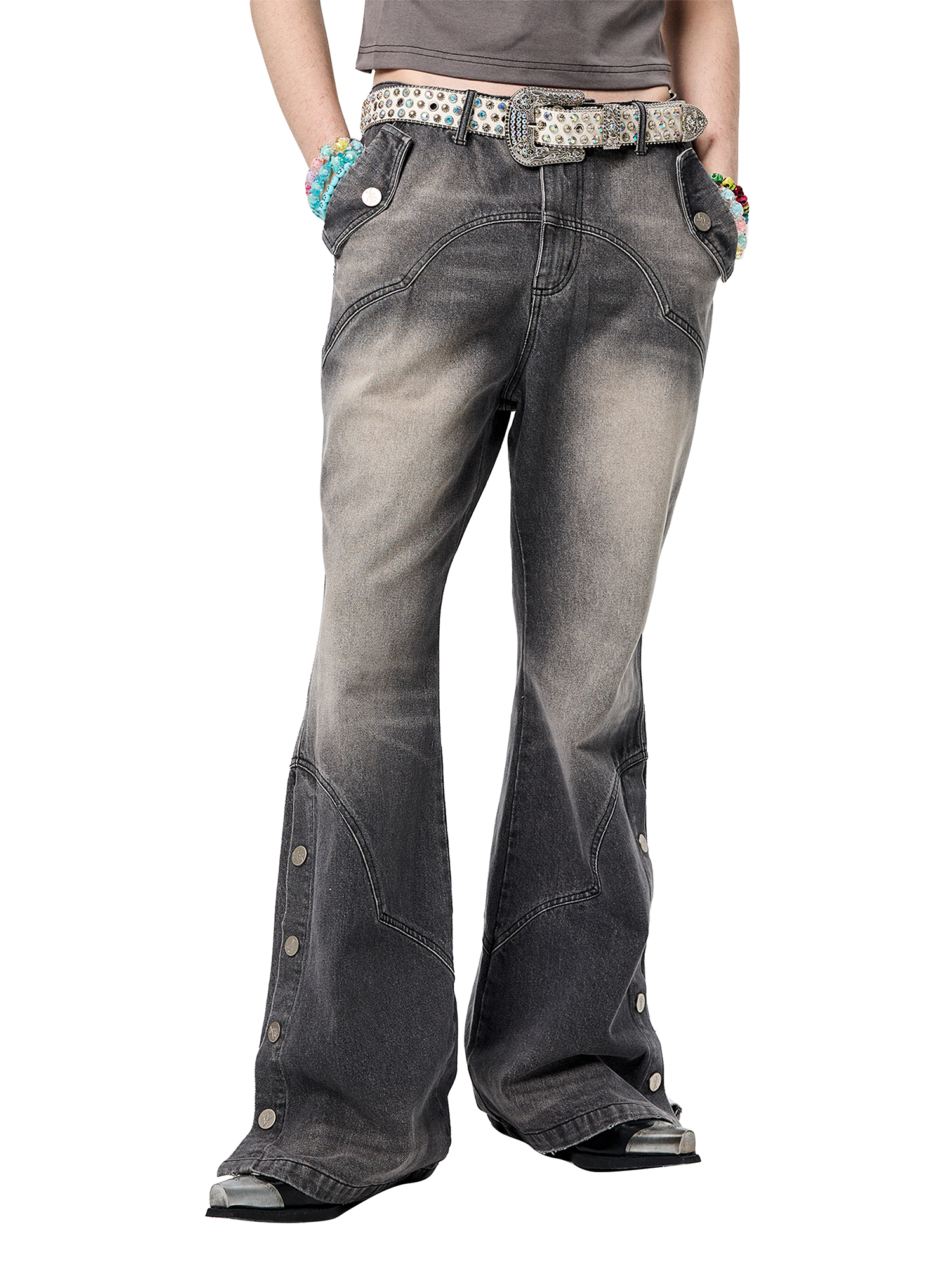 ERISSTOFF Washed Detachable Flared Jeans Gray