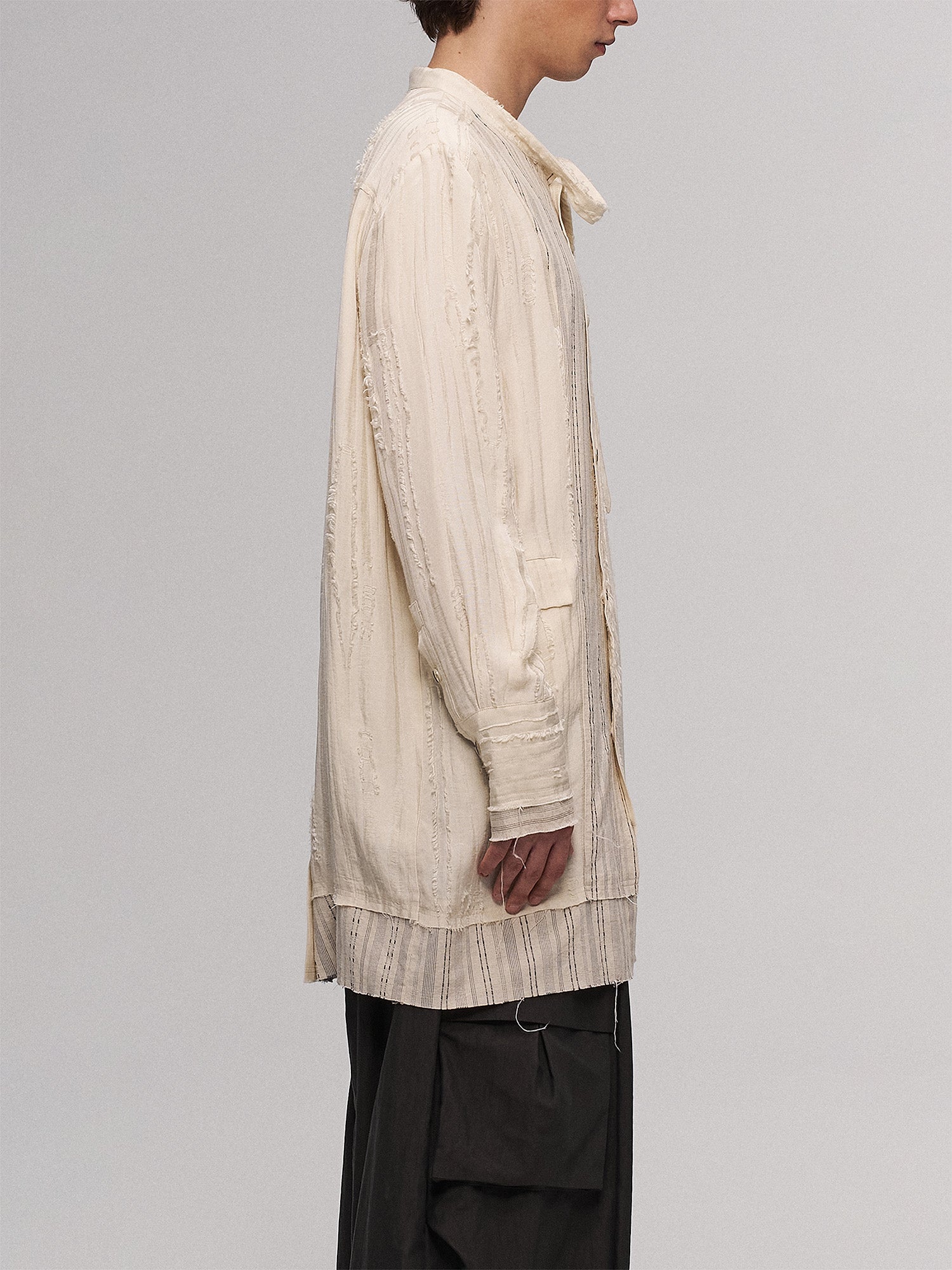 ILNya Nieternite Nifutur Deconstructed Stripe Stich Raw Long Shirt Beige