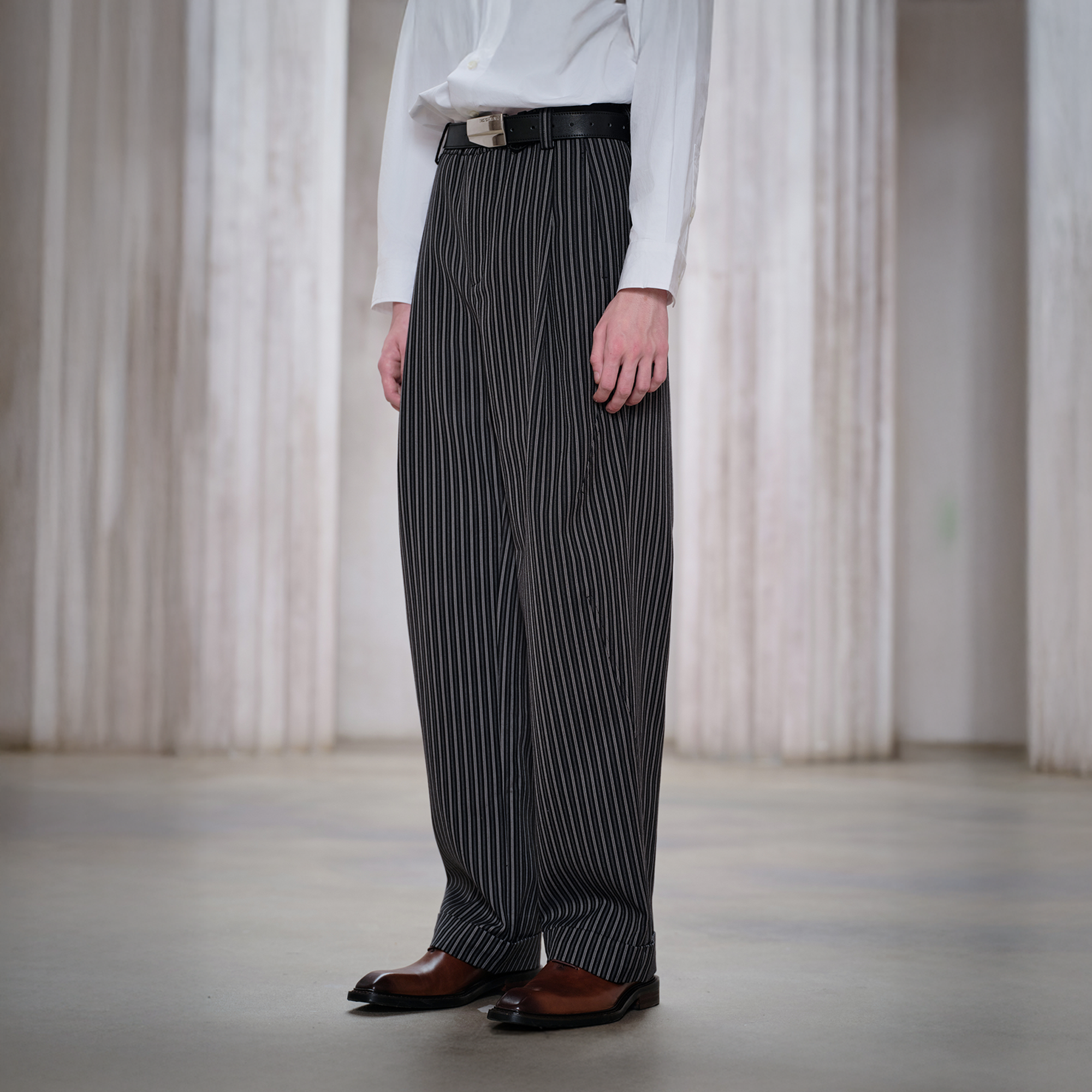 FACEONLAB Classic Striped Wool Pleated Tailored Trousers
