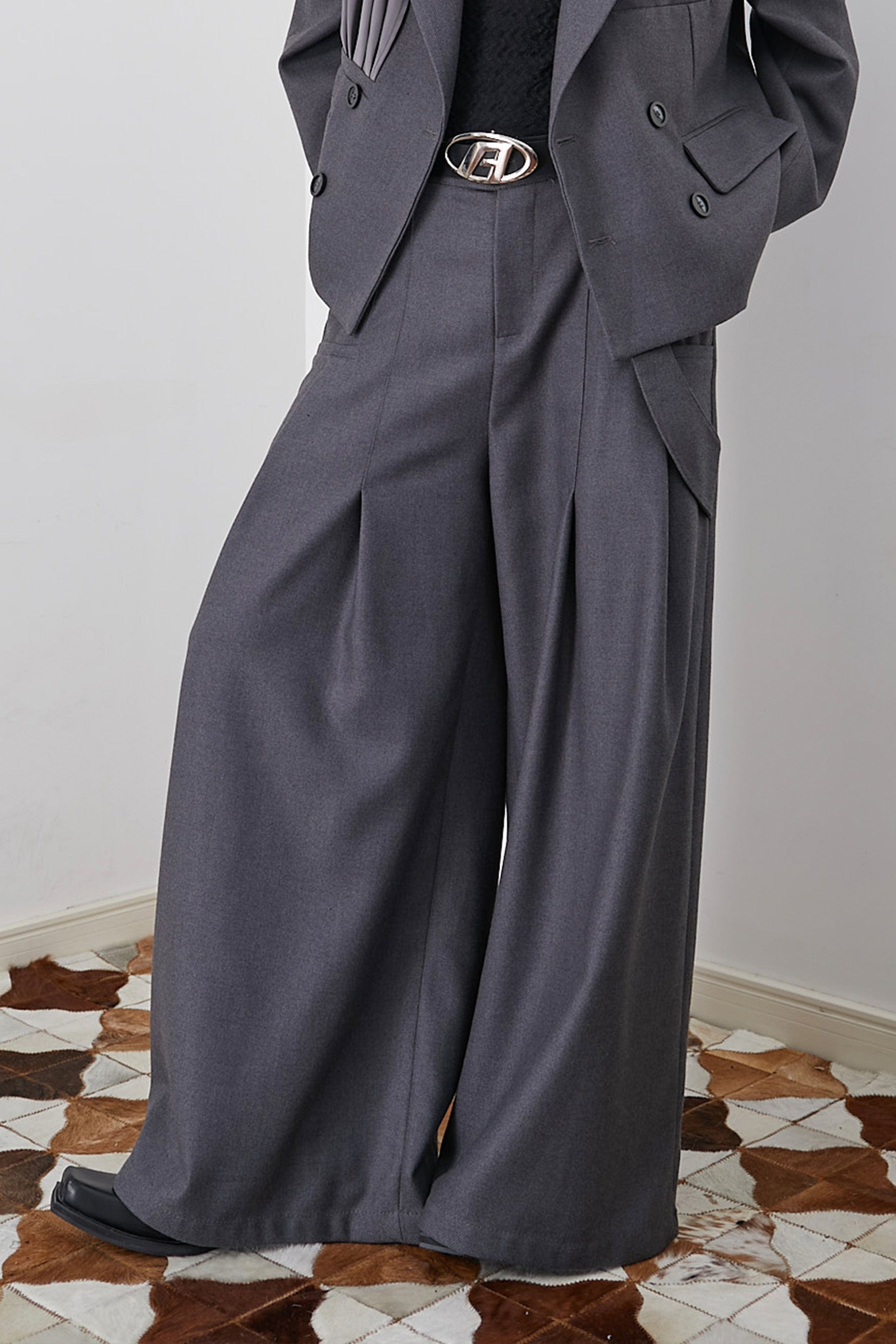 ASSEEN Asymmetrical Tab Pleated Wide-Leg Pants Gray, premium urban and streetwear designers apparel on PROJECTISR.com, ASSEEN