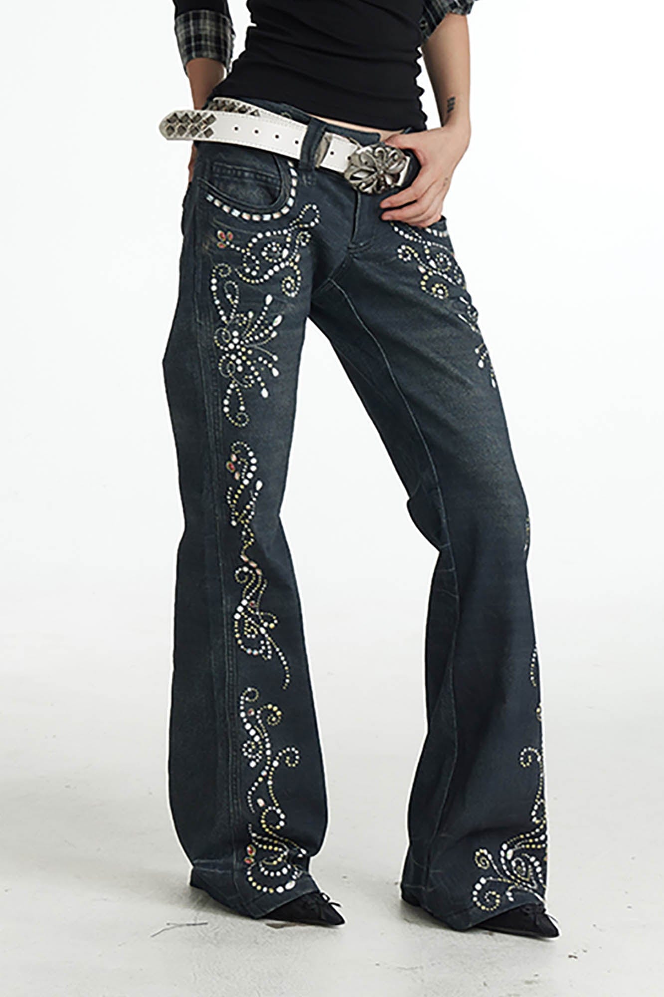 DND4DES Retro Gemstone Graphics Flared Jeans, premium urban and streetwear designers apparel on PROJECTISR.com, DND4DES