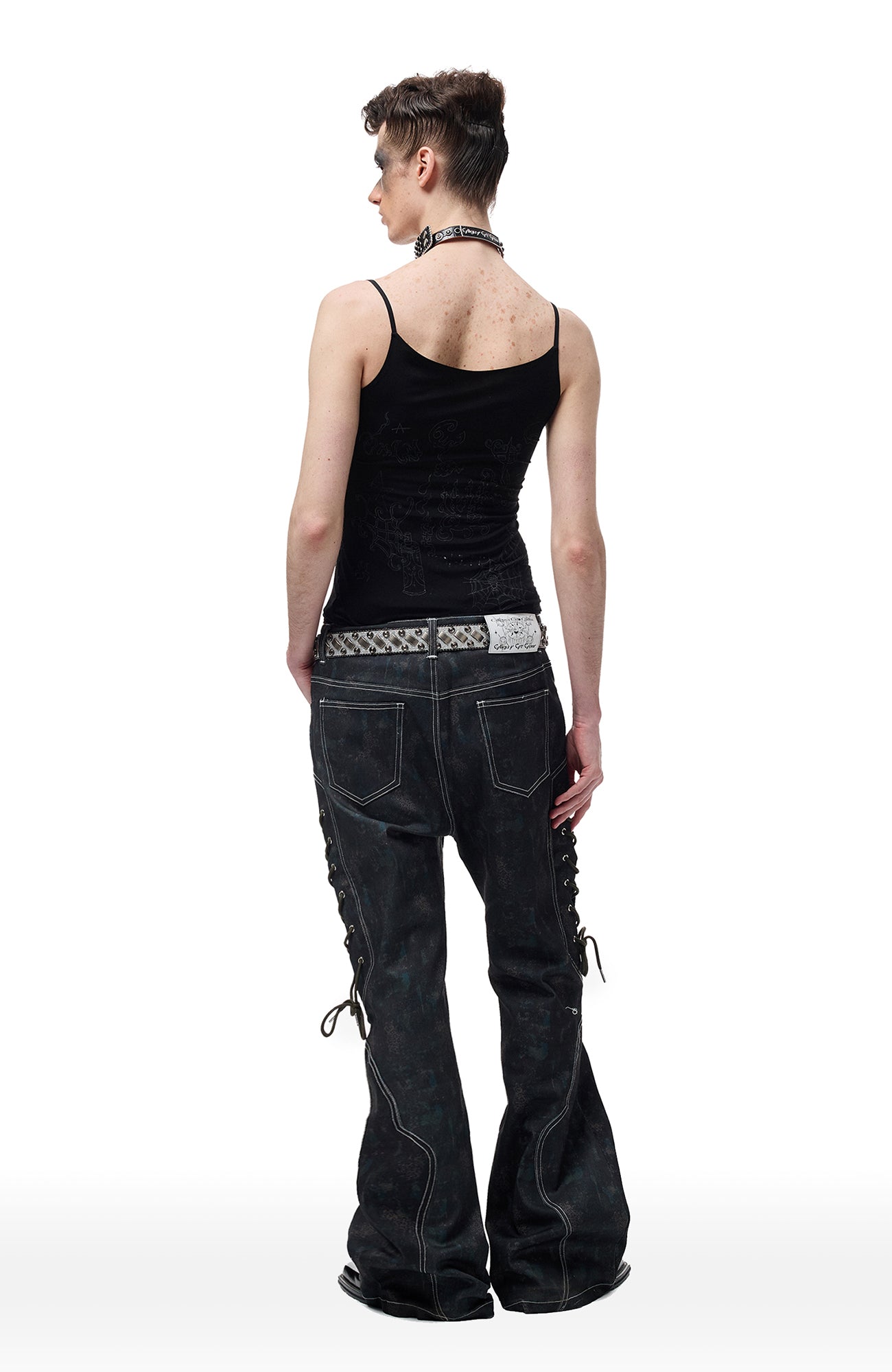 CYCYCY Bar Studded Filigree Leather Belt Gray