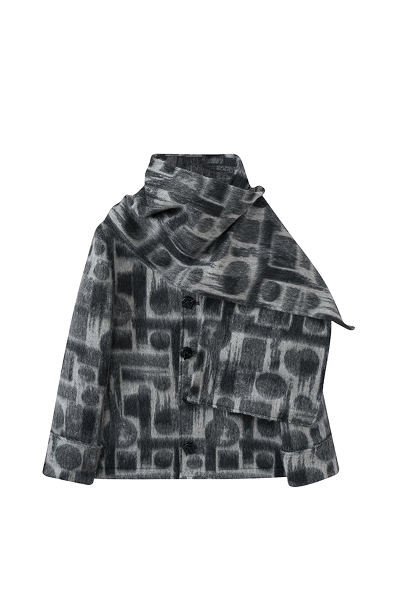 JIECHI Detachable Drape Geometry Full-Print Wool-Blend Jacket