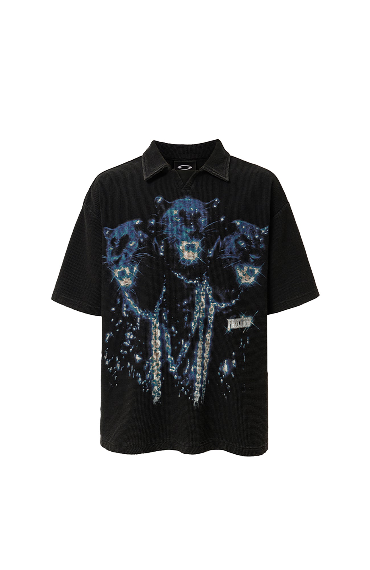 F2CE Distressed Waffle-Knit Graphic Polo, premium urban and streetwear designers apparel on PROJECTISR.com, F2CE