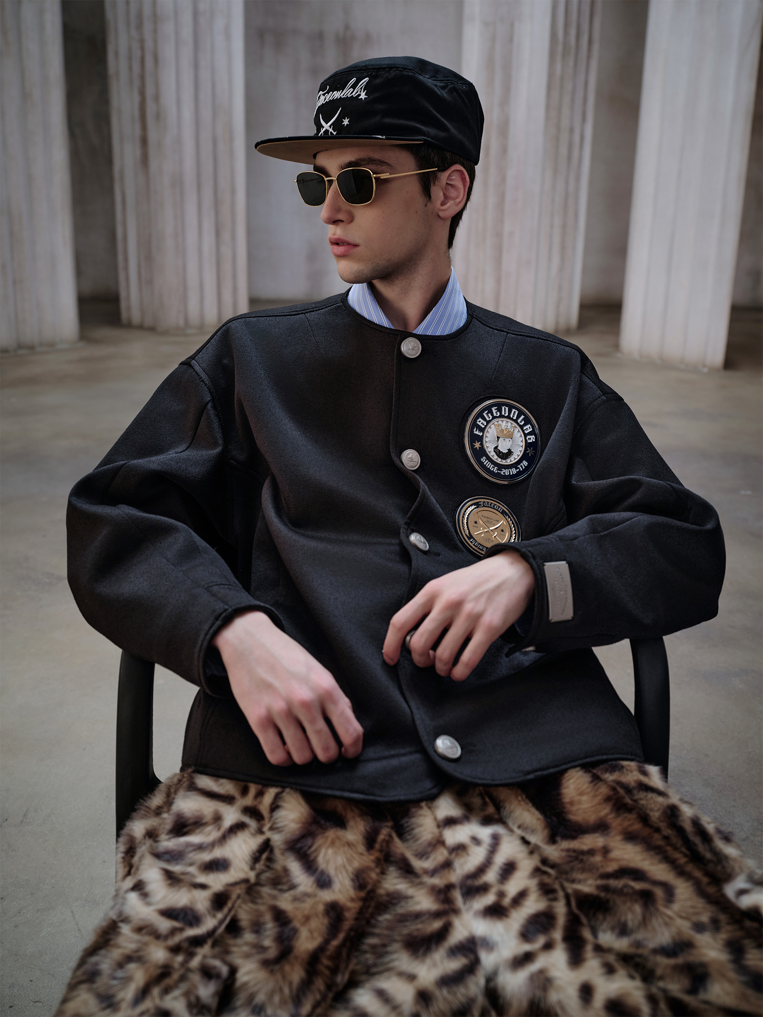 FACEONLAB Badge-Patch Crew-Neck Oversized Jacket