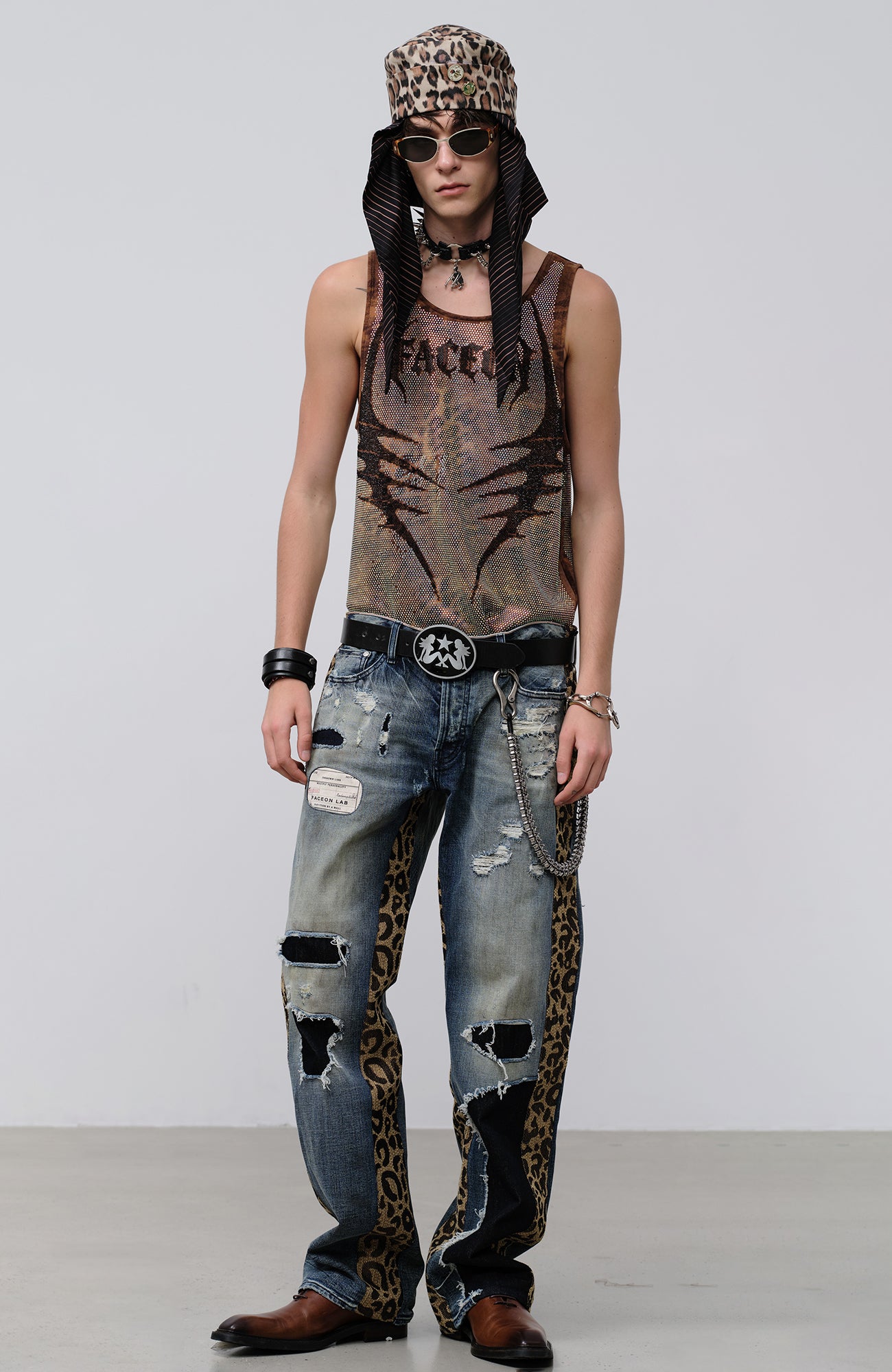 FACEONLAB Leopard Panel Distressed Straight-Leg Jeans