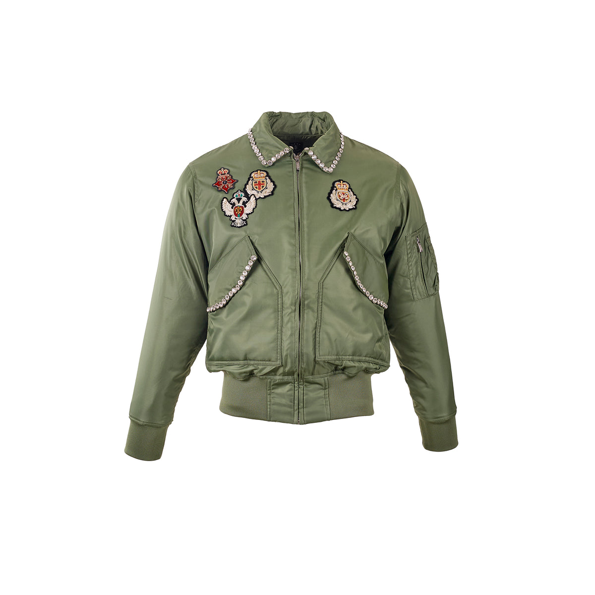 ZWDH Studded Rhinestone Emblem Hand-Embroidered Varsity Jacket
