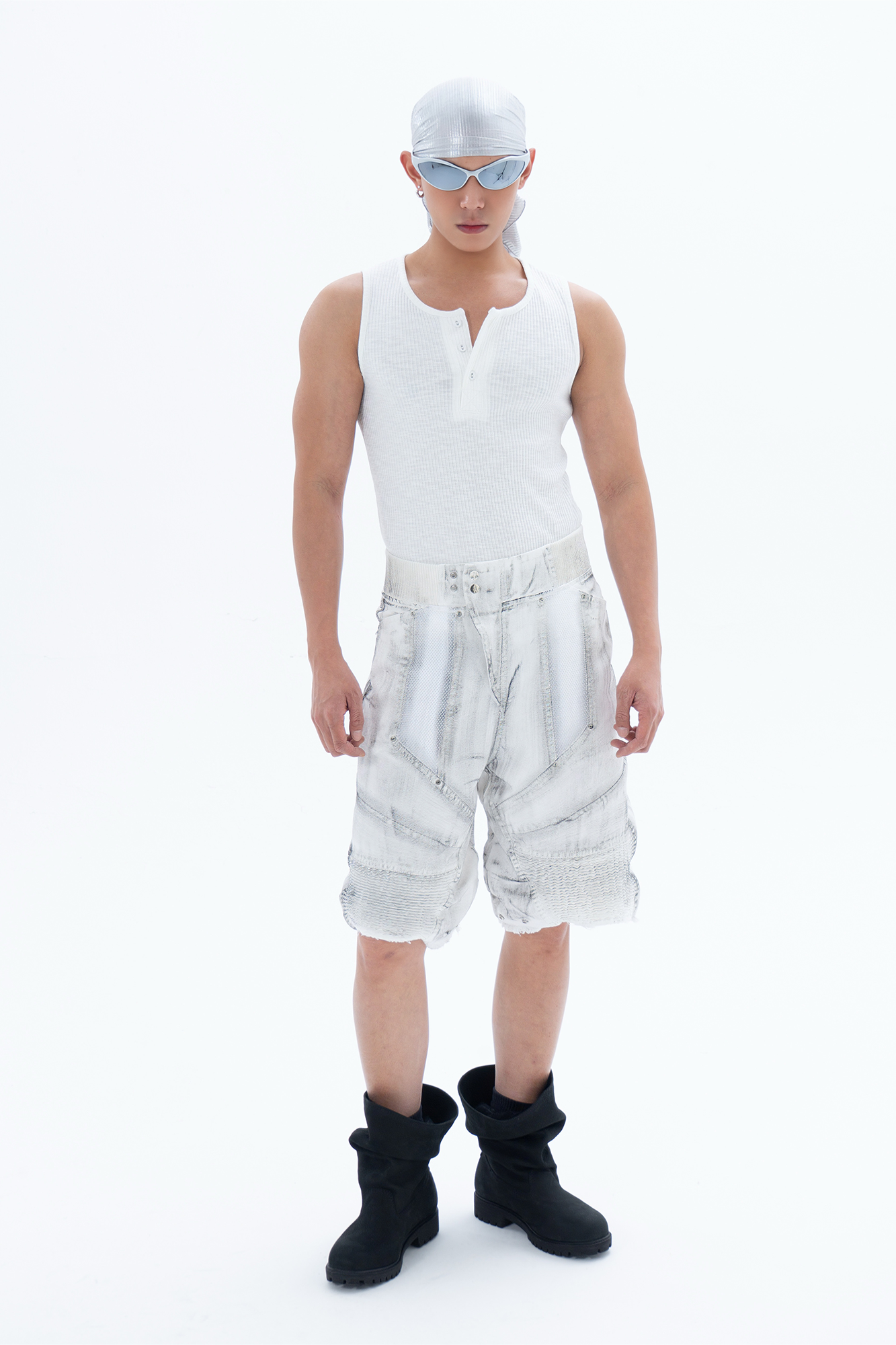 CLP Ribbed Paneled Wide-Leg Denim Shorts