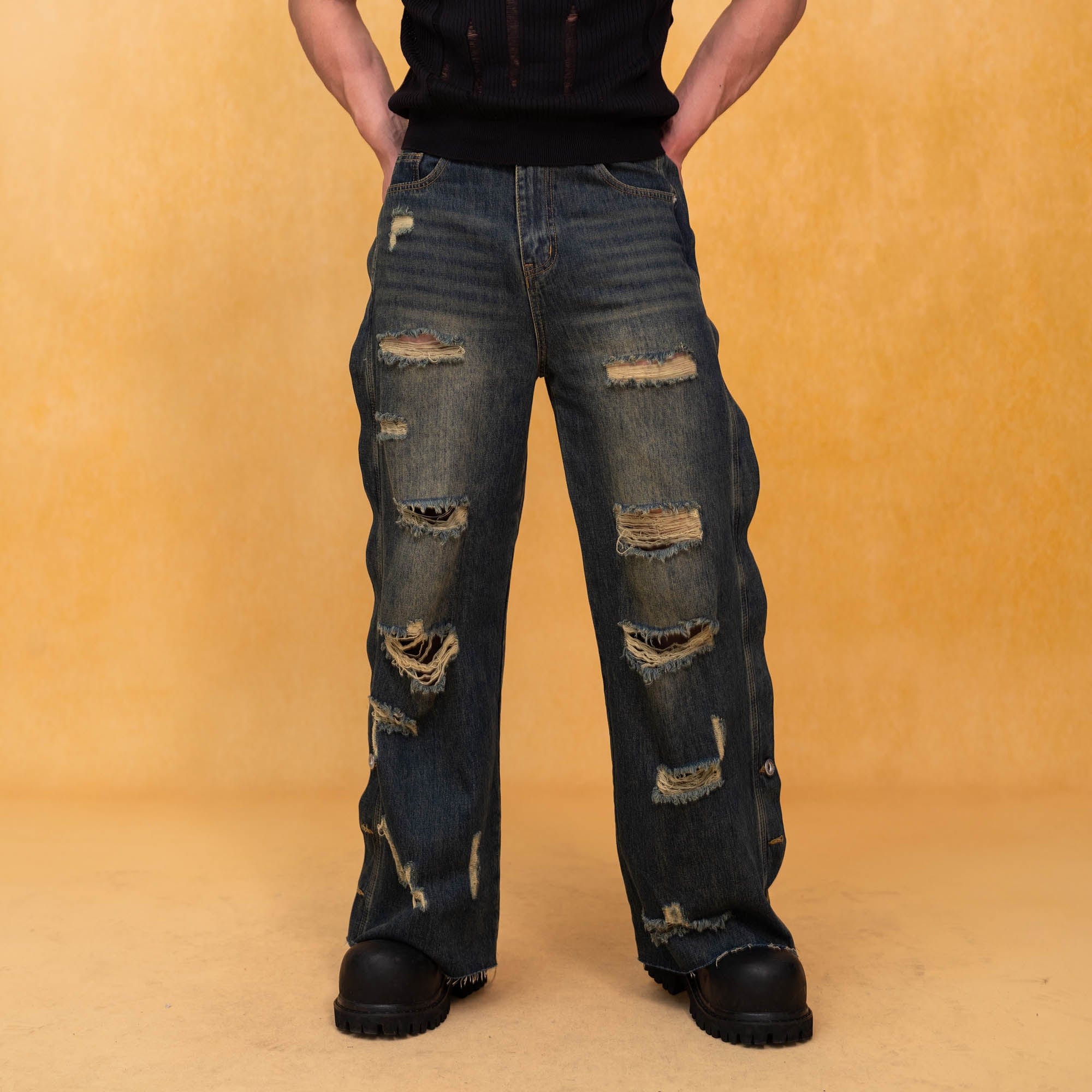 CLP Distressed Buttoned Wide-Leg Jeans, premium urban and streetwear designers apparel on PROJECTISR.com, CLP