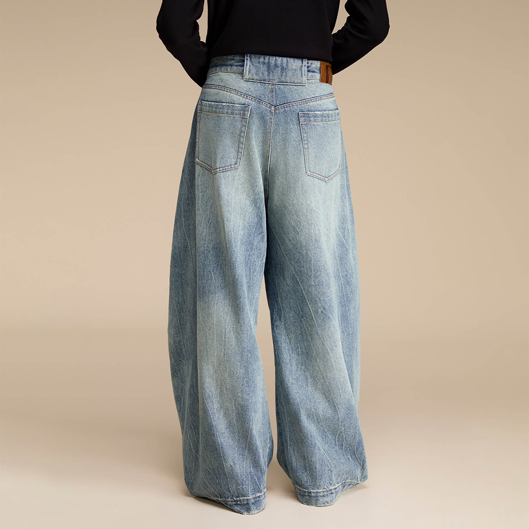 OPICLOTH Distressed Spliced Barrel-Leg Jeans, premium urban and streetwear designers apparel on PROJECTISR.com, OPICLOTH