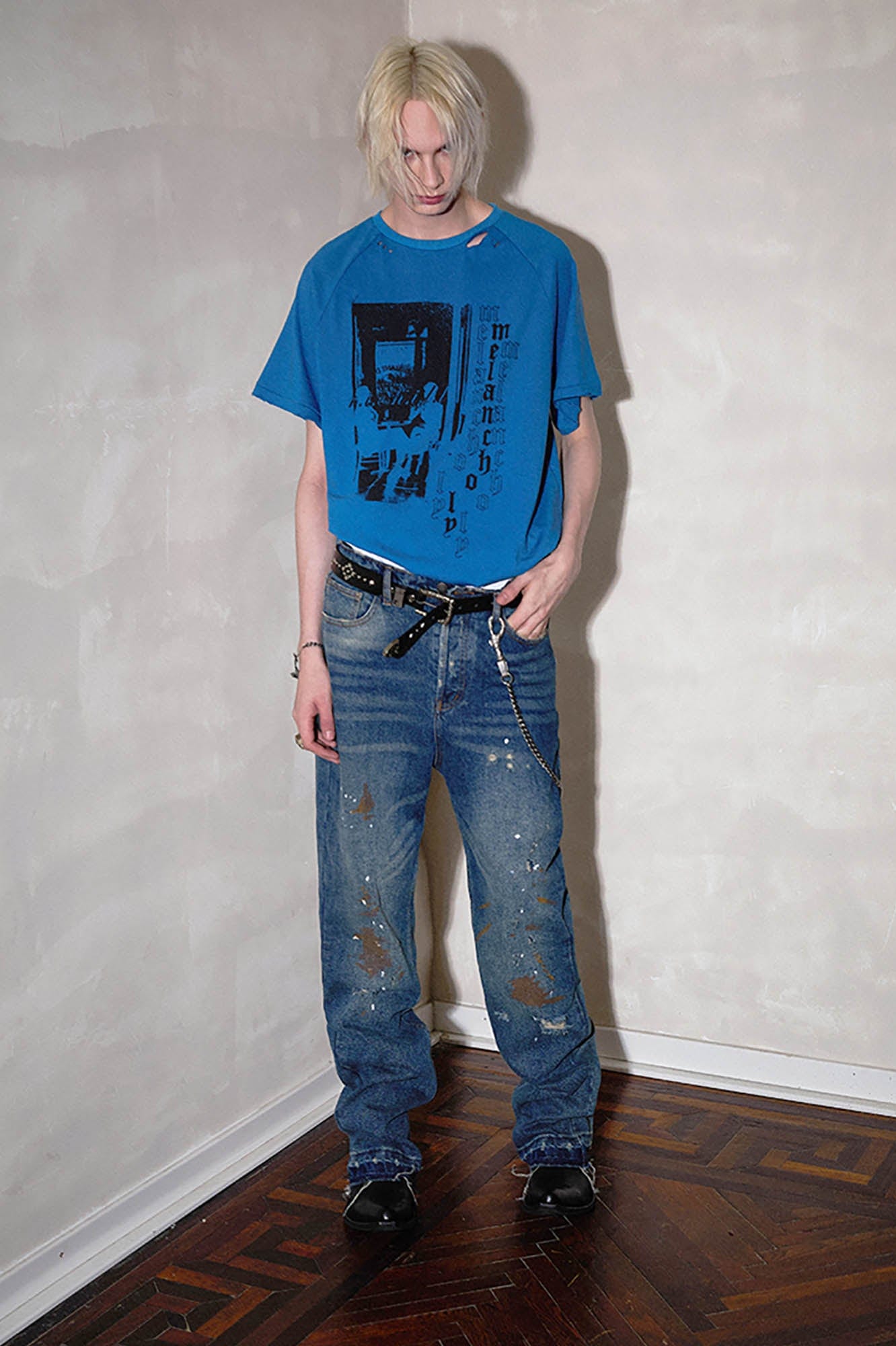 RICHILL Rust-Stained Distressed Flared Jeans, premium urban and streetwear designers apparel on PROJECTISR.com, RICHILL