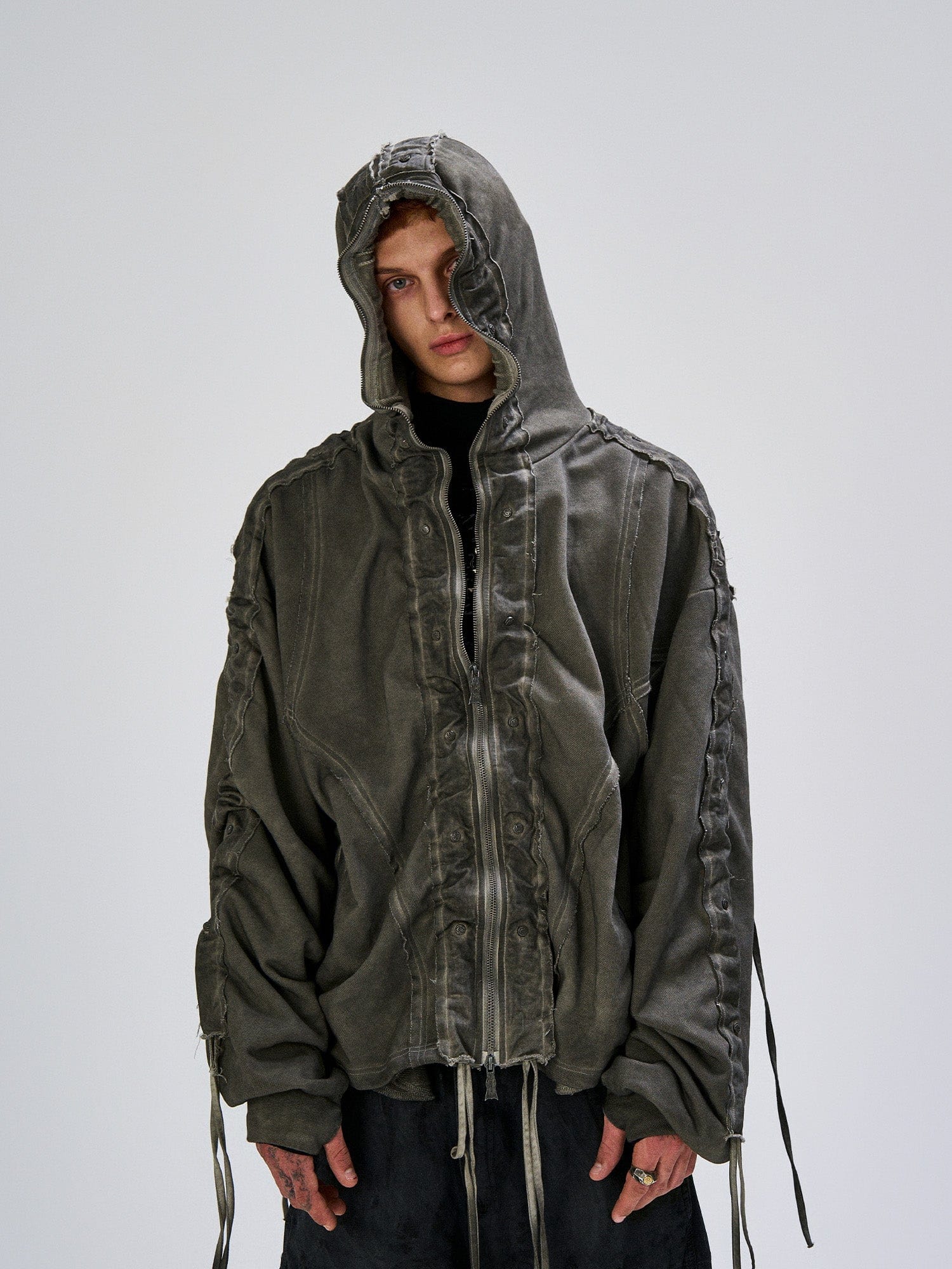 FLYERRER Distressed Drawstring Ruched Hooded Jacket, premium urban and streetwear designers apparel on PROJECTISR.com, FLYERRER