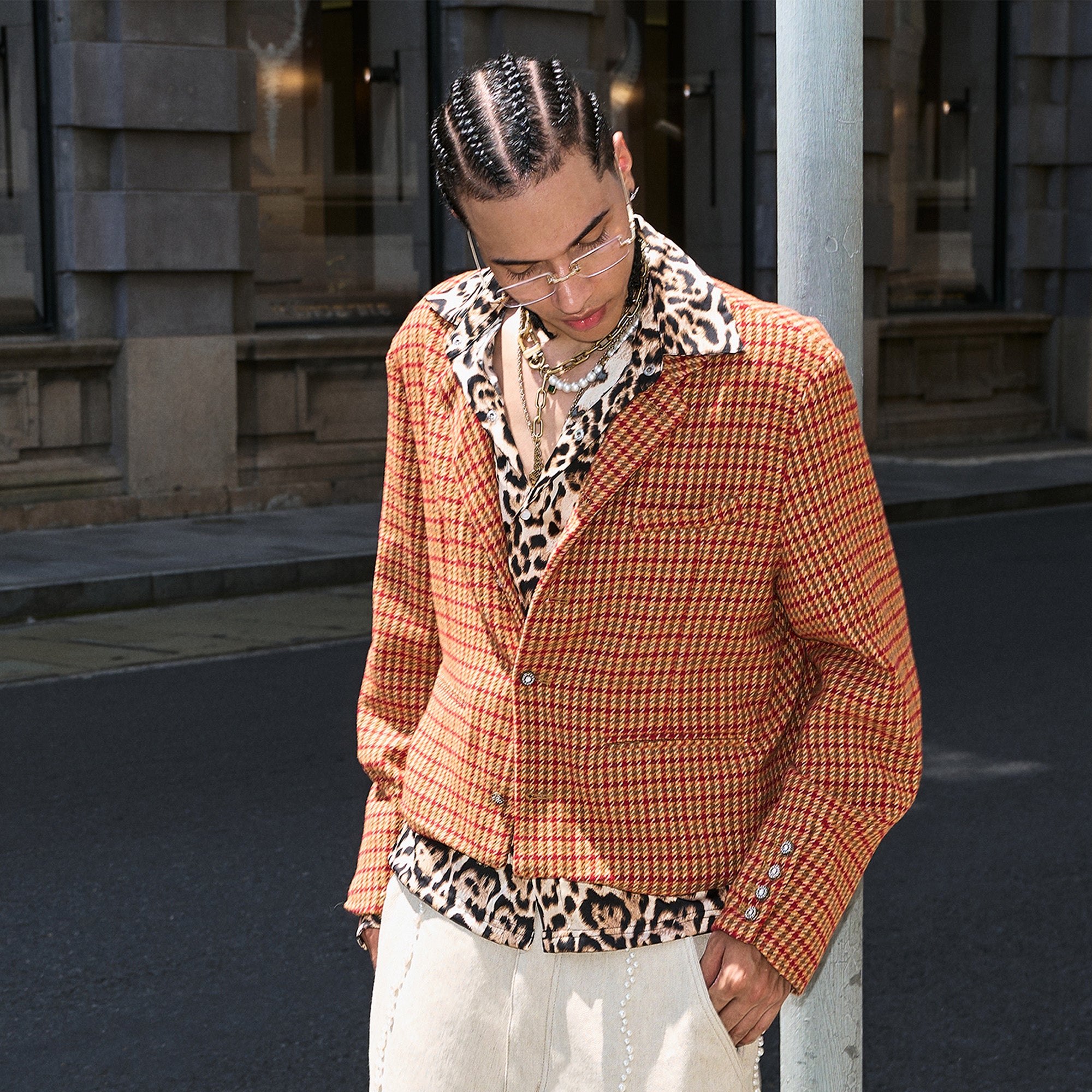 STEEPC Houndstooth Wool-Blend Stand-Collar Boxy Blazer