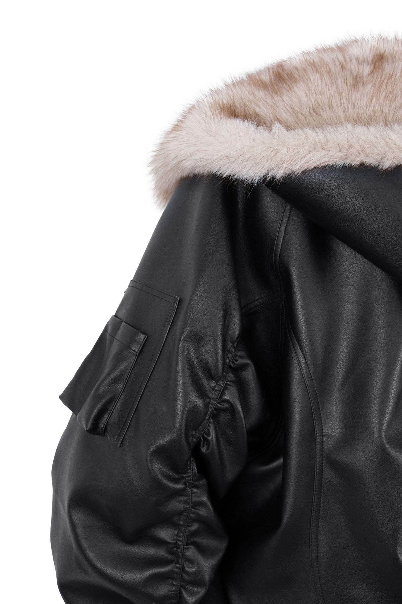 RELABEL Detachable Plush Scarf Ruched Hooded Jacket Black, premium urban and streetwear designers apparel on PROJECTISR.com, RELABEL