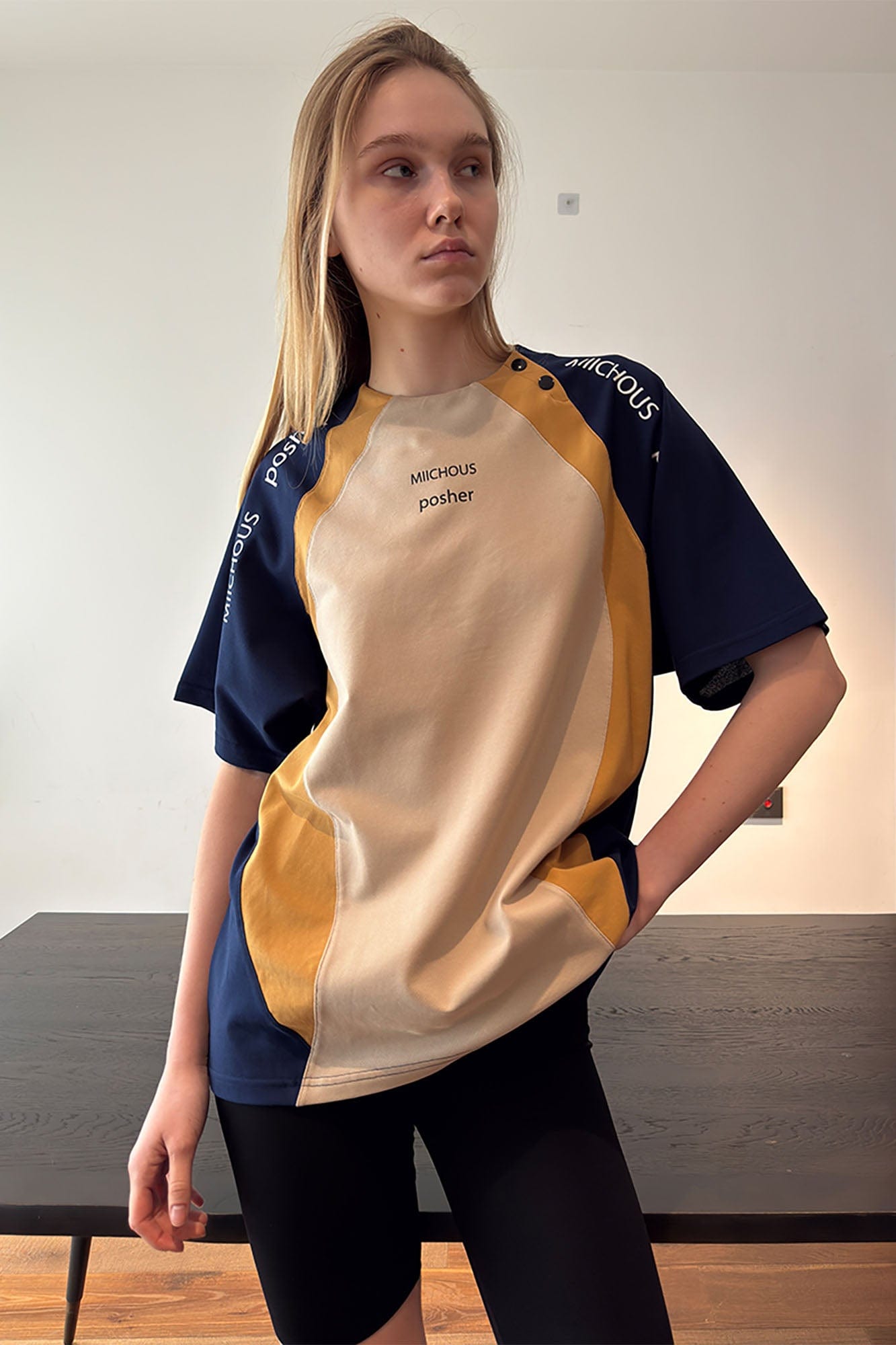 MIICHOUS Curve Spliced Button-Neck Raglan T-Shirt, premium urban and streetwear designers apparel on PROJECTISR.com, Miichous