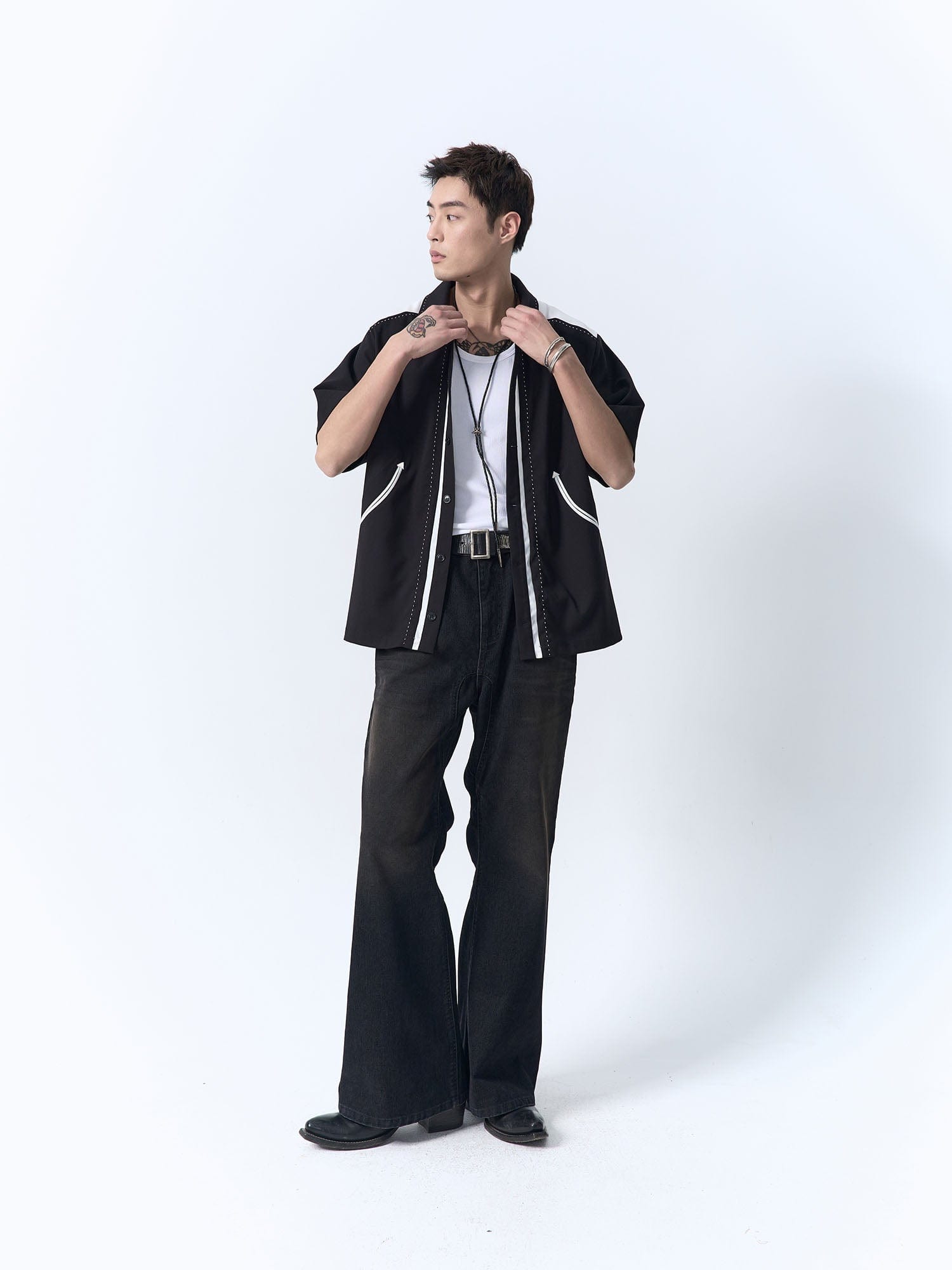 IN EXISTENCE Contrast-Panel Stitch Half Shirt, premium urban and streetwear designers apparel on PROJECTISR.com, IN EXISTENCE