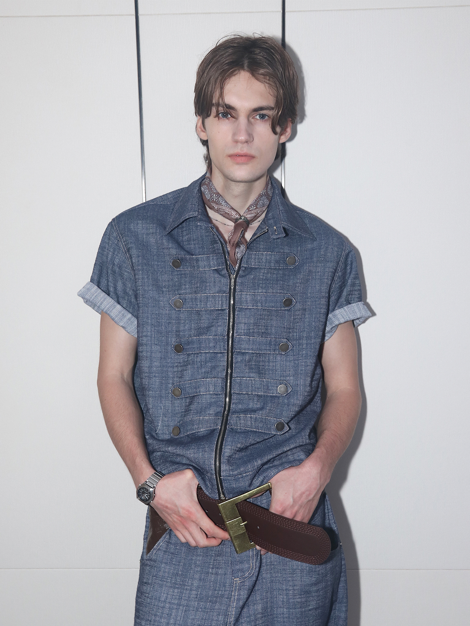 ASSEEN Linen-Blend Coin Button Denim Half Shirt