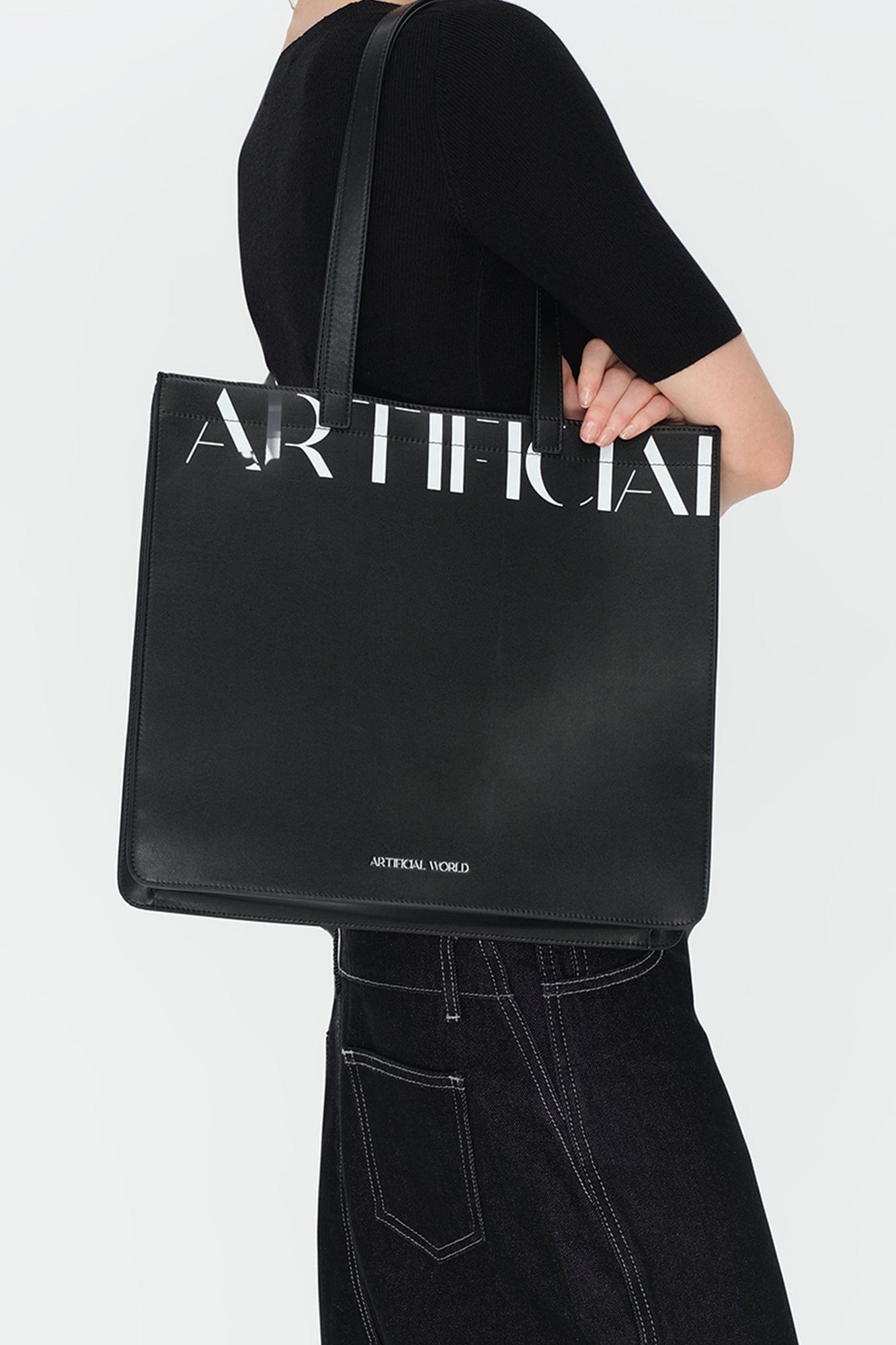 ARTIFICIAL WORLD Logo Graphic Leather Tote Bag, premium urban and streetwear designers apparel on PROJECTISR.com, ARTIFICIAL WORLD