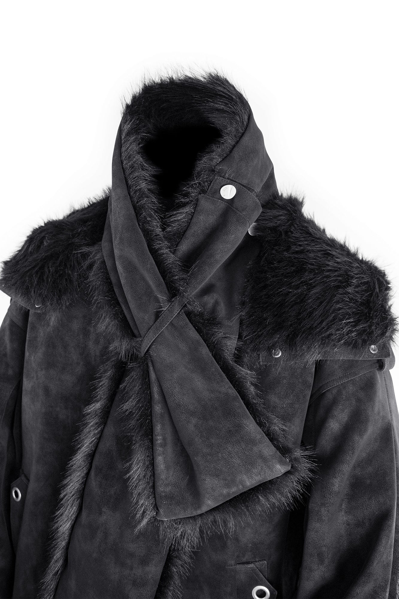 RELABEL Detachable Plush Scarf Hooded Suede Jacket Black, premium urban and streetwear designers apparel on PROJECTISR.com, RELABEL