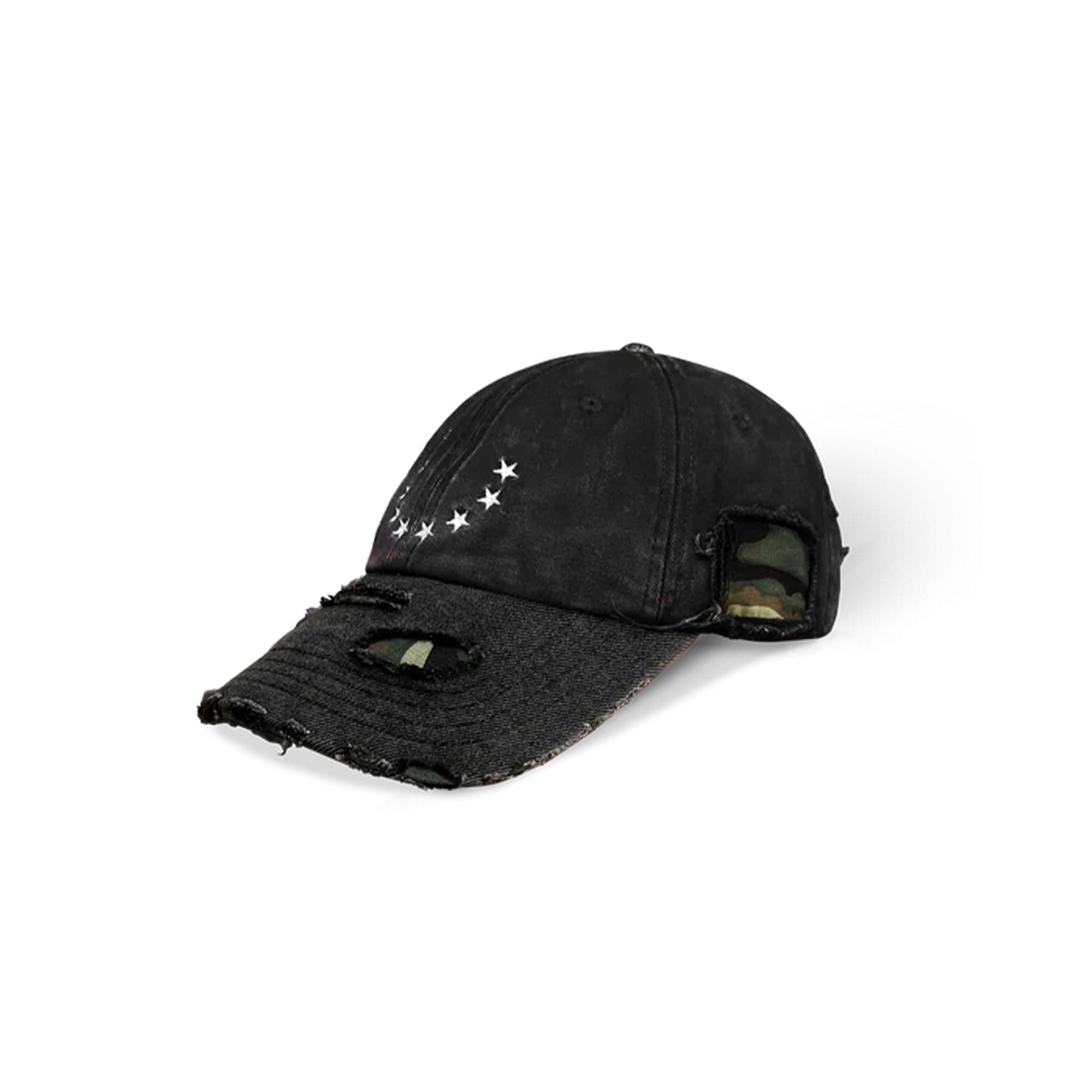 TECNINEGROUP Camo Distressed Panel Star Embroidered Cap, premium urban and streetwear designers apparel on PROJECTISR.com, TECNINEGROUP