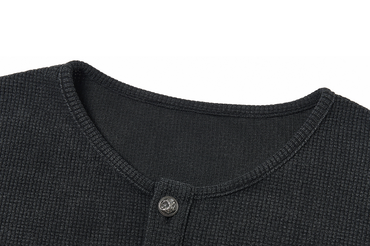 SAXGENWON Washed Skull Graphic Waffle-Knit Henley Long-Sleeve Tee