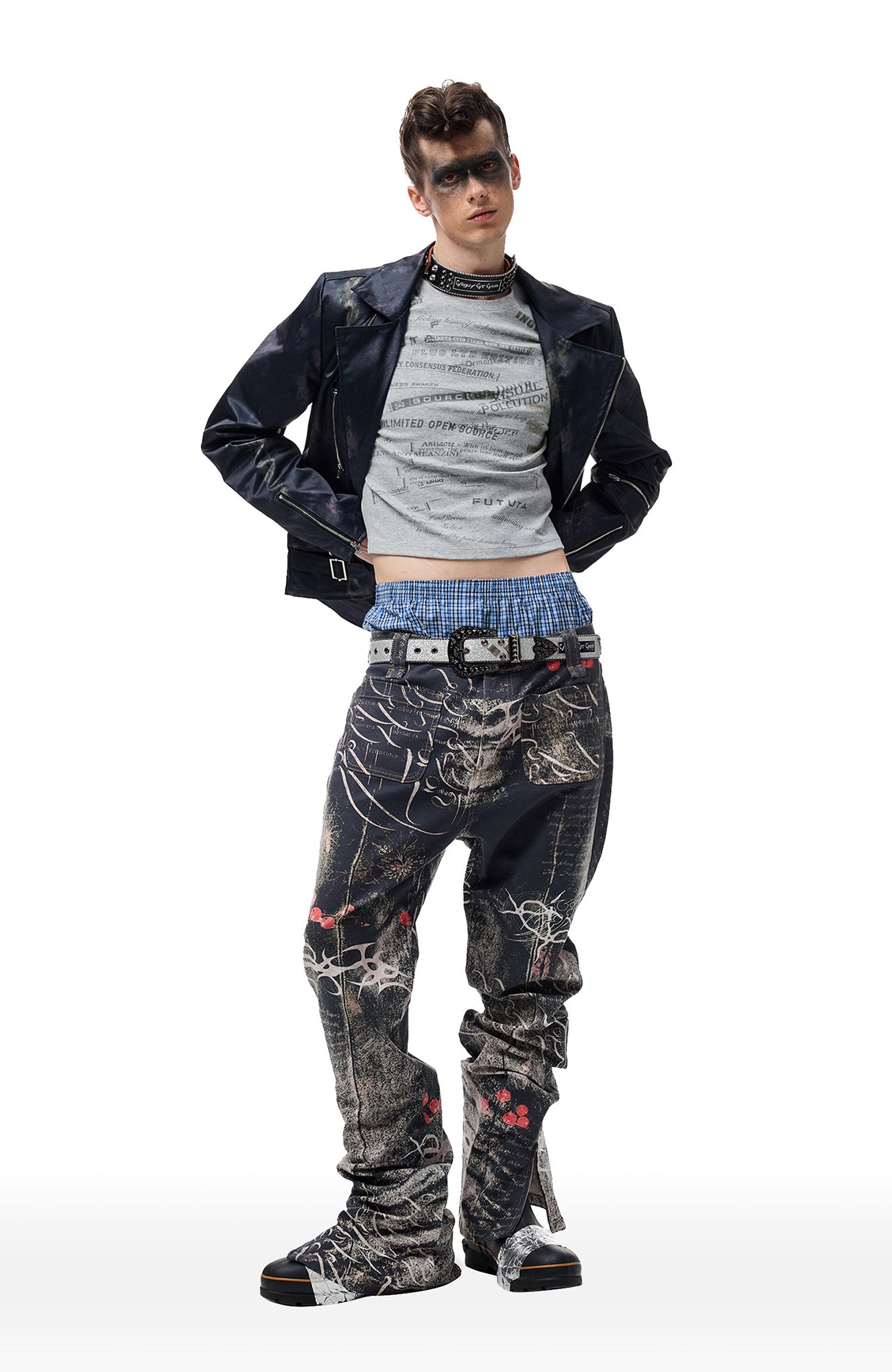 CYCYCY Bar Studded Filigree Leather Belt Gray