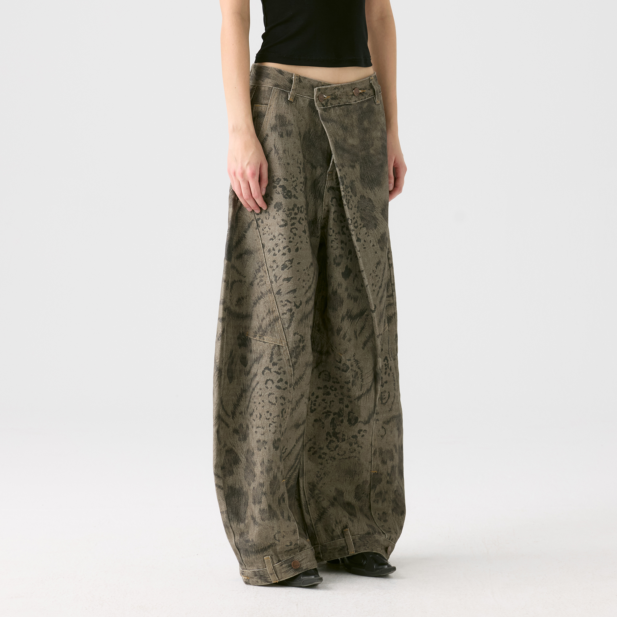 HAHAHA Animal Totem Graphic Crossover-Waist Curved Wide-Leg Pants