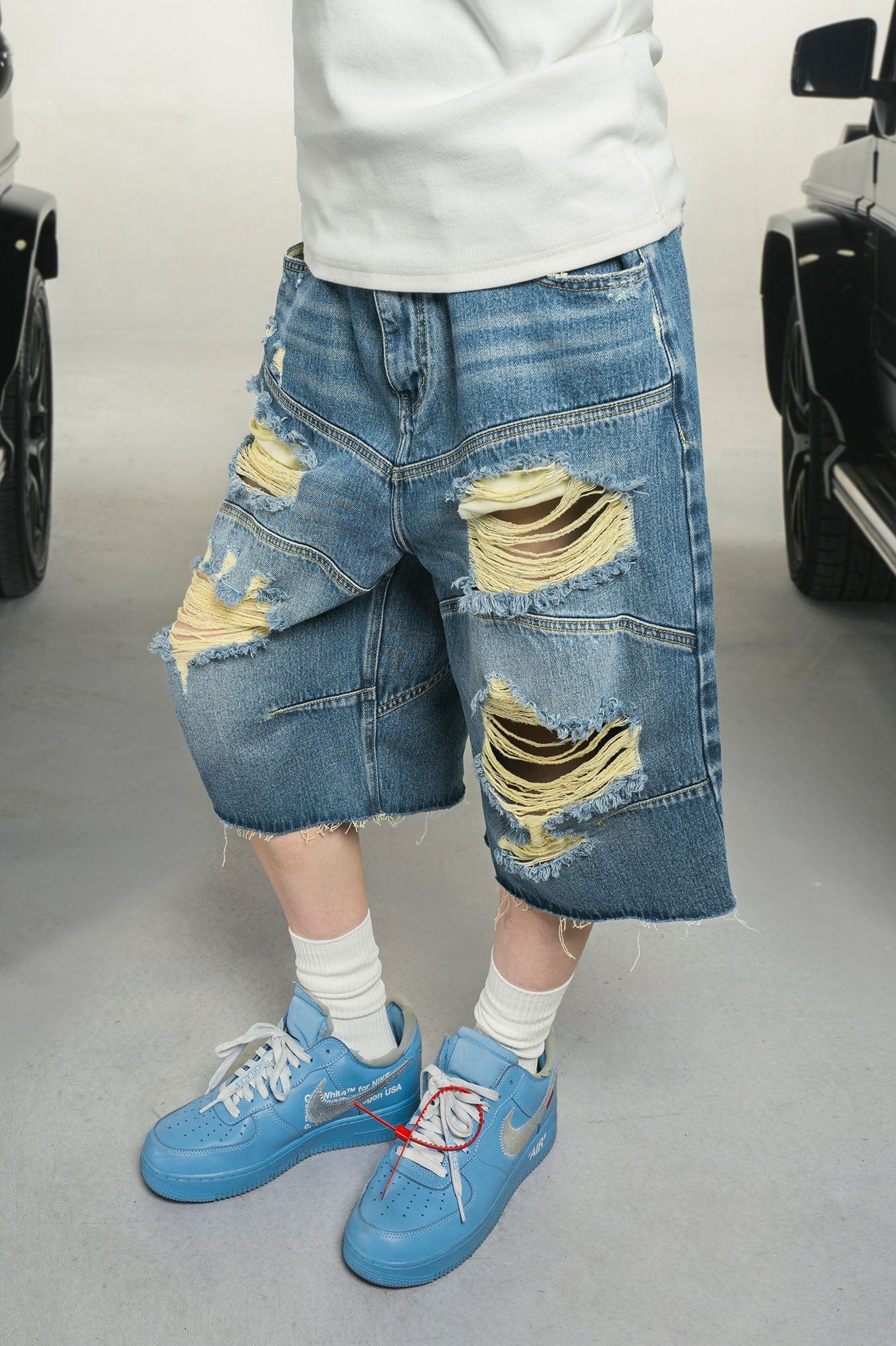 MAKEMORE Distressed Arc Spliced Ripped Denim Shorts, premium urban and streetwear designers apparel on PROJECTISR.com, MAKEMORE