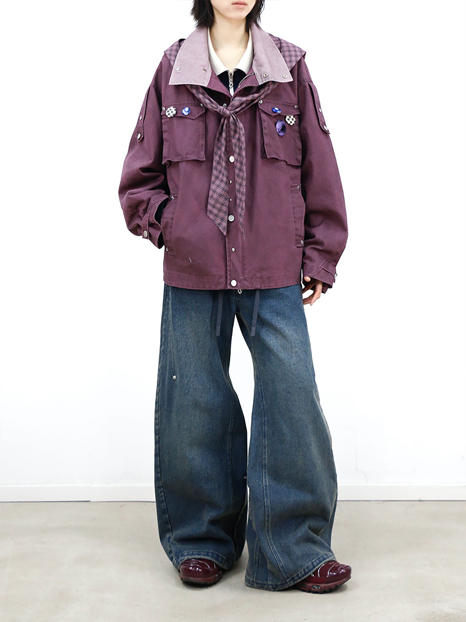 RELABEL Distressed Plaid Hood Oversized Jacket Purple, premium urban and streetwear designers apparel on PROJECTISR.com, RELABEL