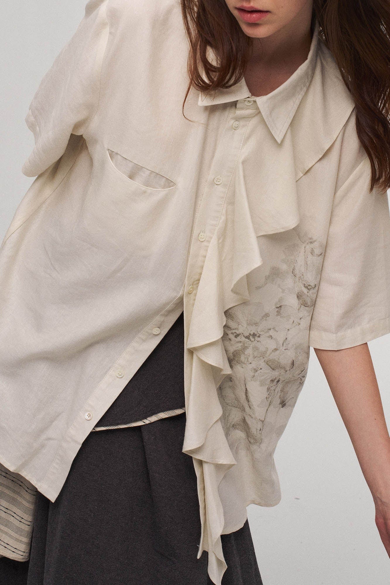ILNya Nieternite Nifutur Asymmetrical Ruffle Iris Half Shirt, premium urban and streetwear designers apparel on PROJECTISR.com, ILNya Nieternite Nifutur