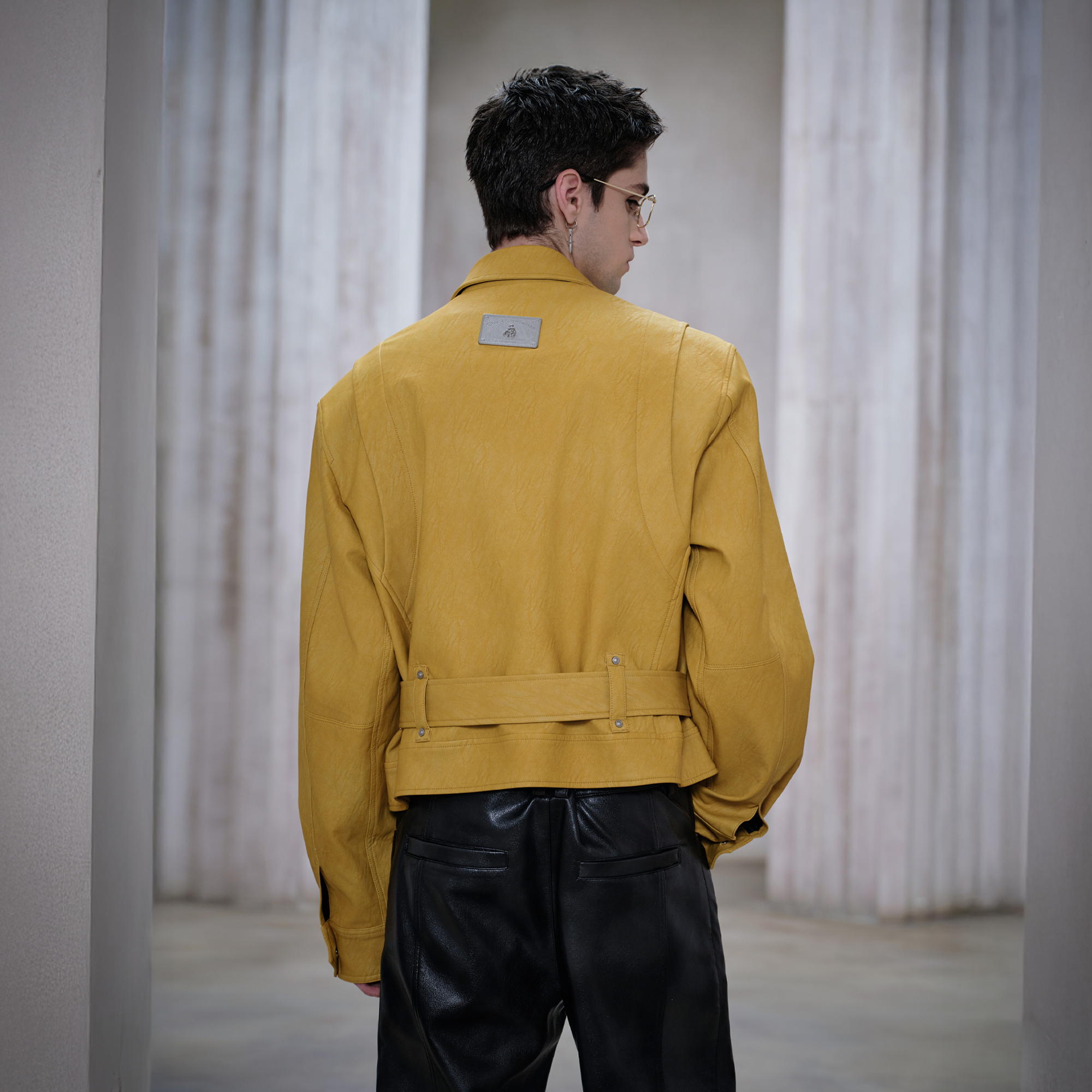 FACEONLAB Metal Epaulettes Belted Faux Leather Jacket Yellow