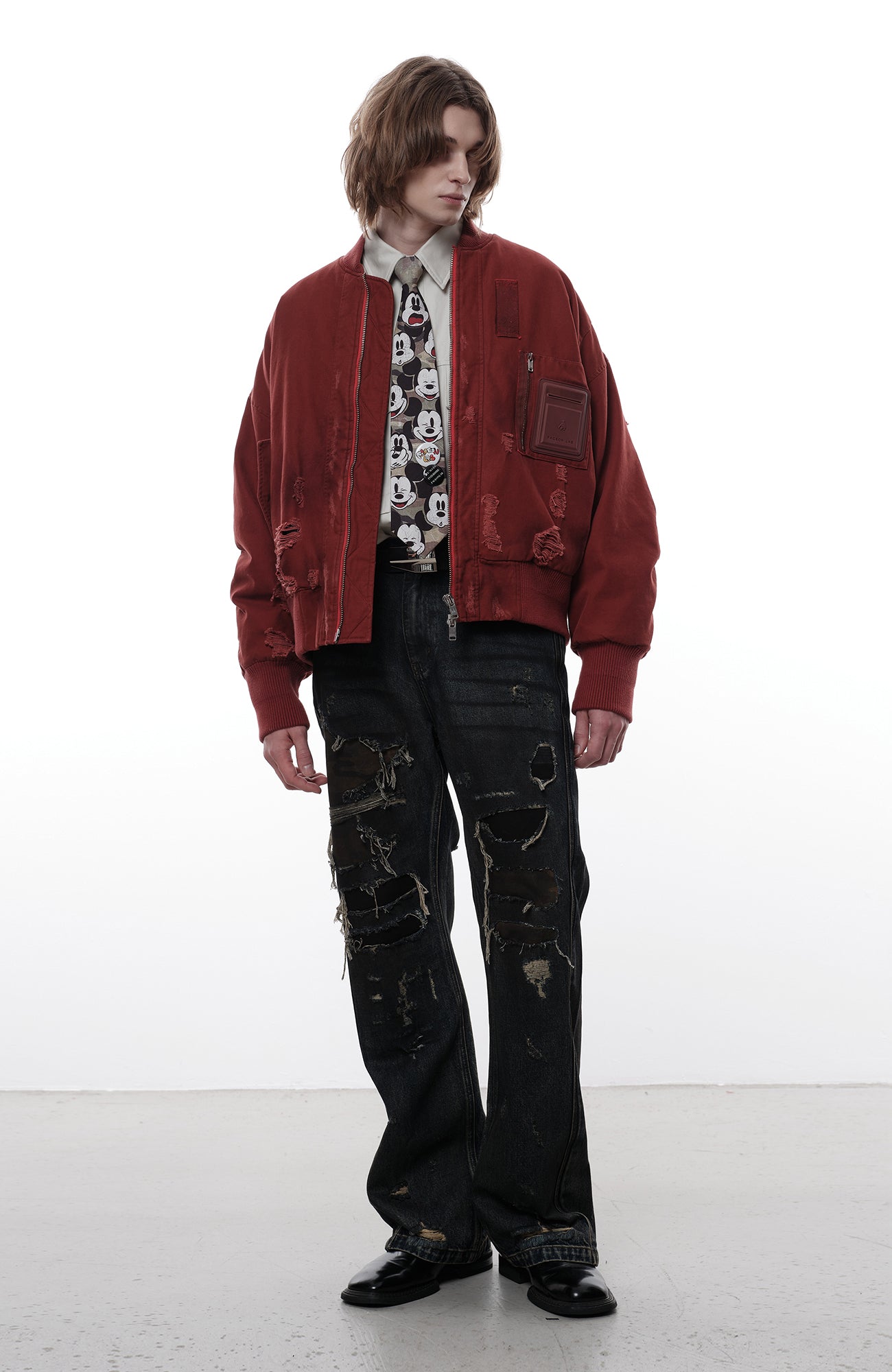 FACEONLAB Distressed Padded Bomber Jacket