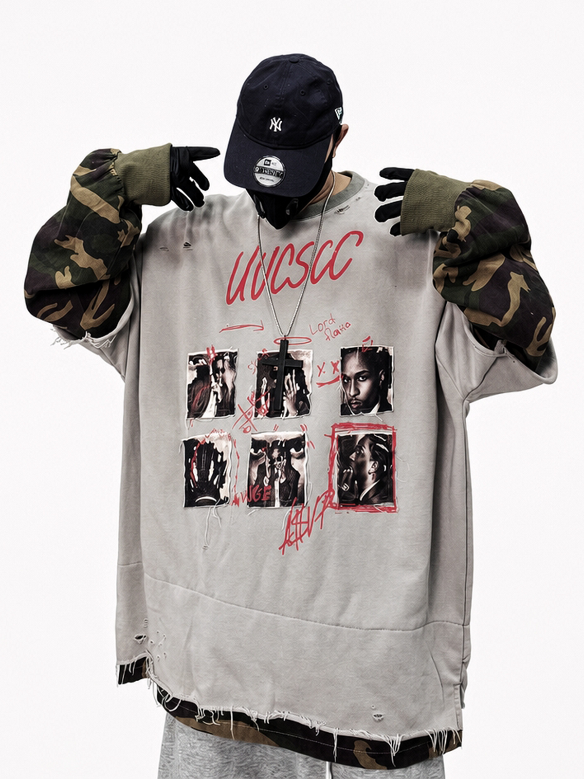UUCSCC Retro Camo Spliced Distressed Oversized Crewneck Sweatshirt