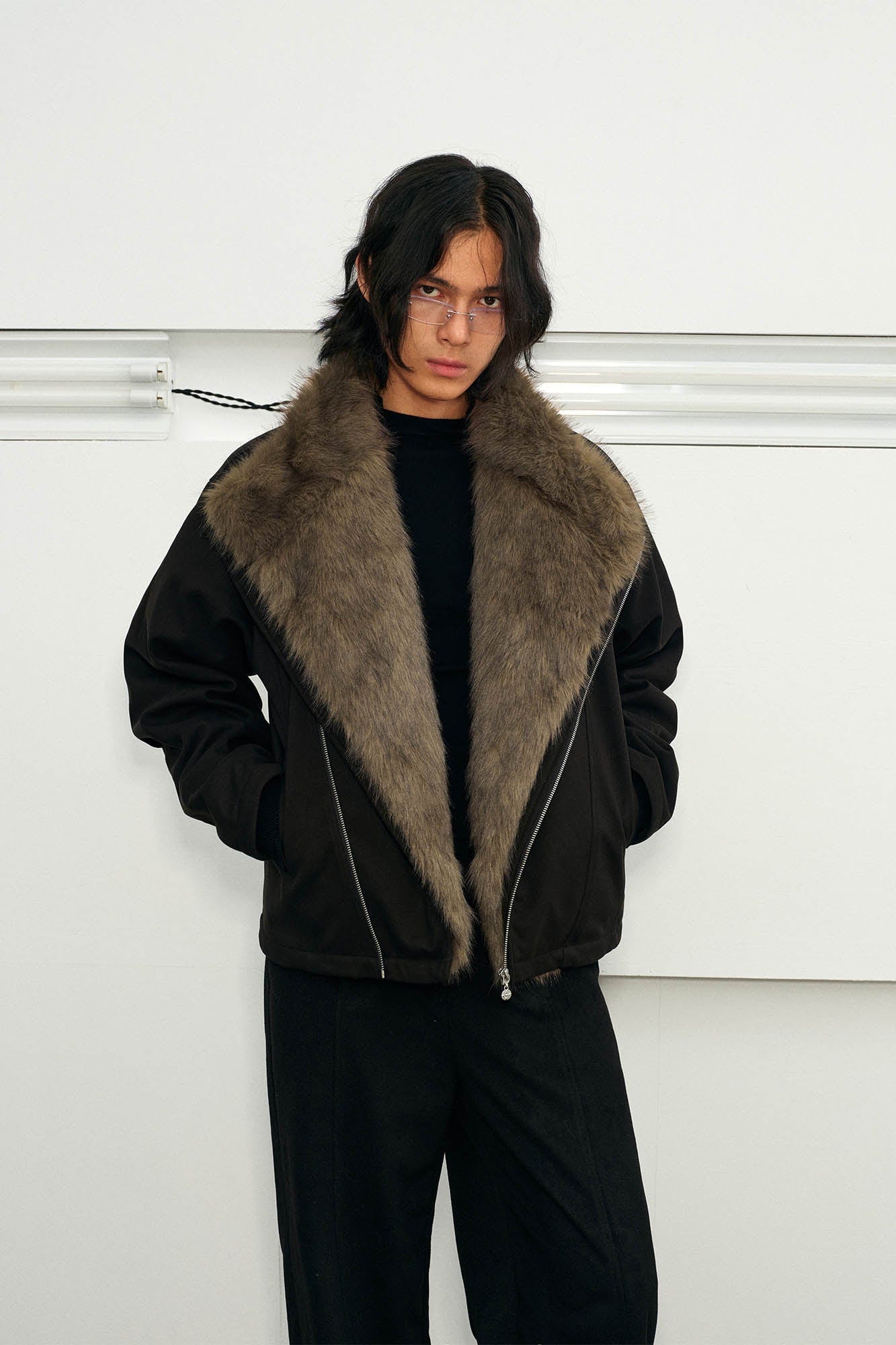 KREATE Detachable Faux Fur Collar Asymmetrical Jacket, premium urban and streetwear designers apparel on PROJECTISR.com, KREATE
