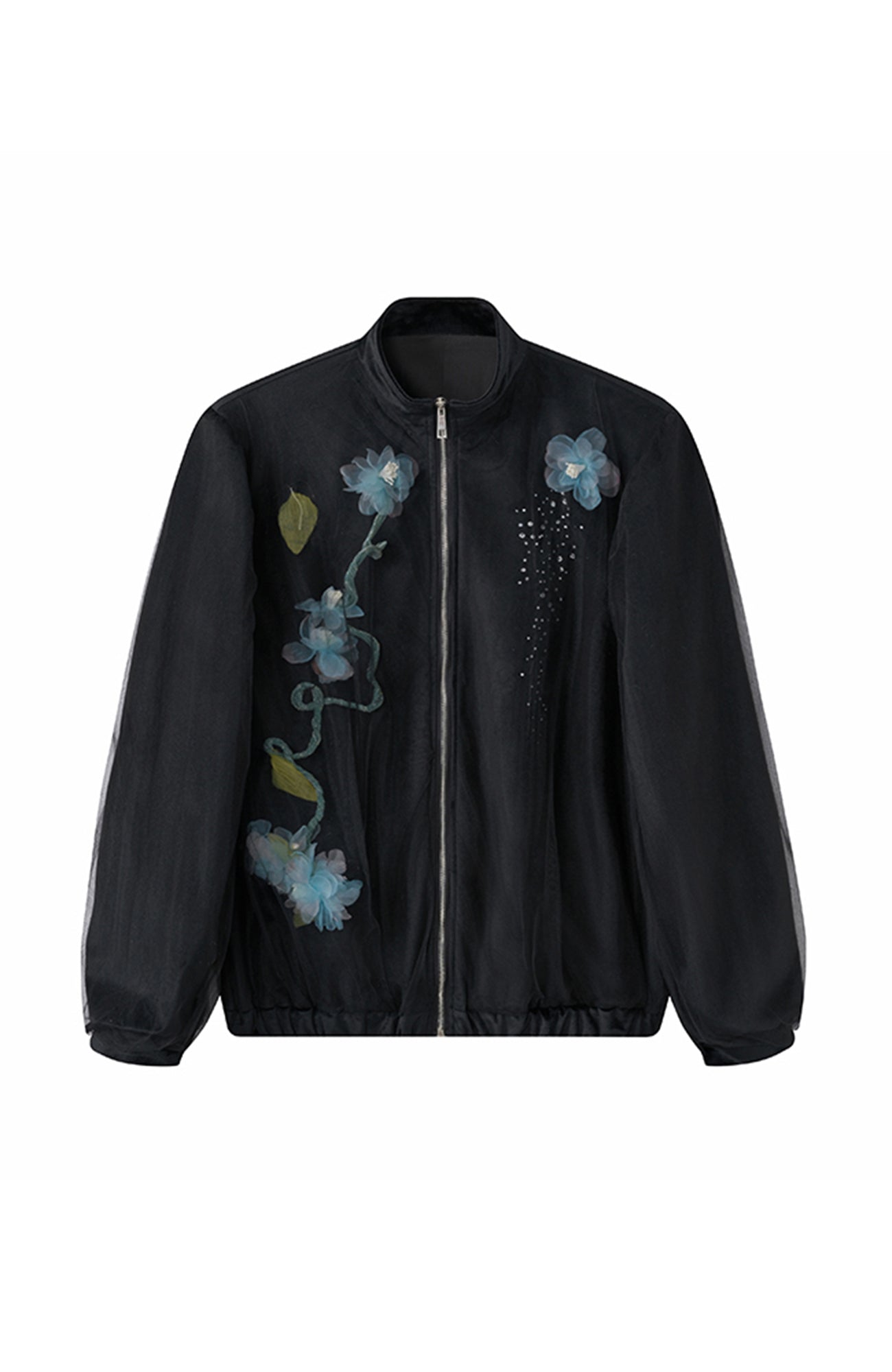 JIECHI Floral Embellished Velvet Sheer Layer Jacket