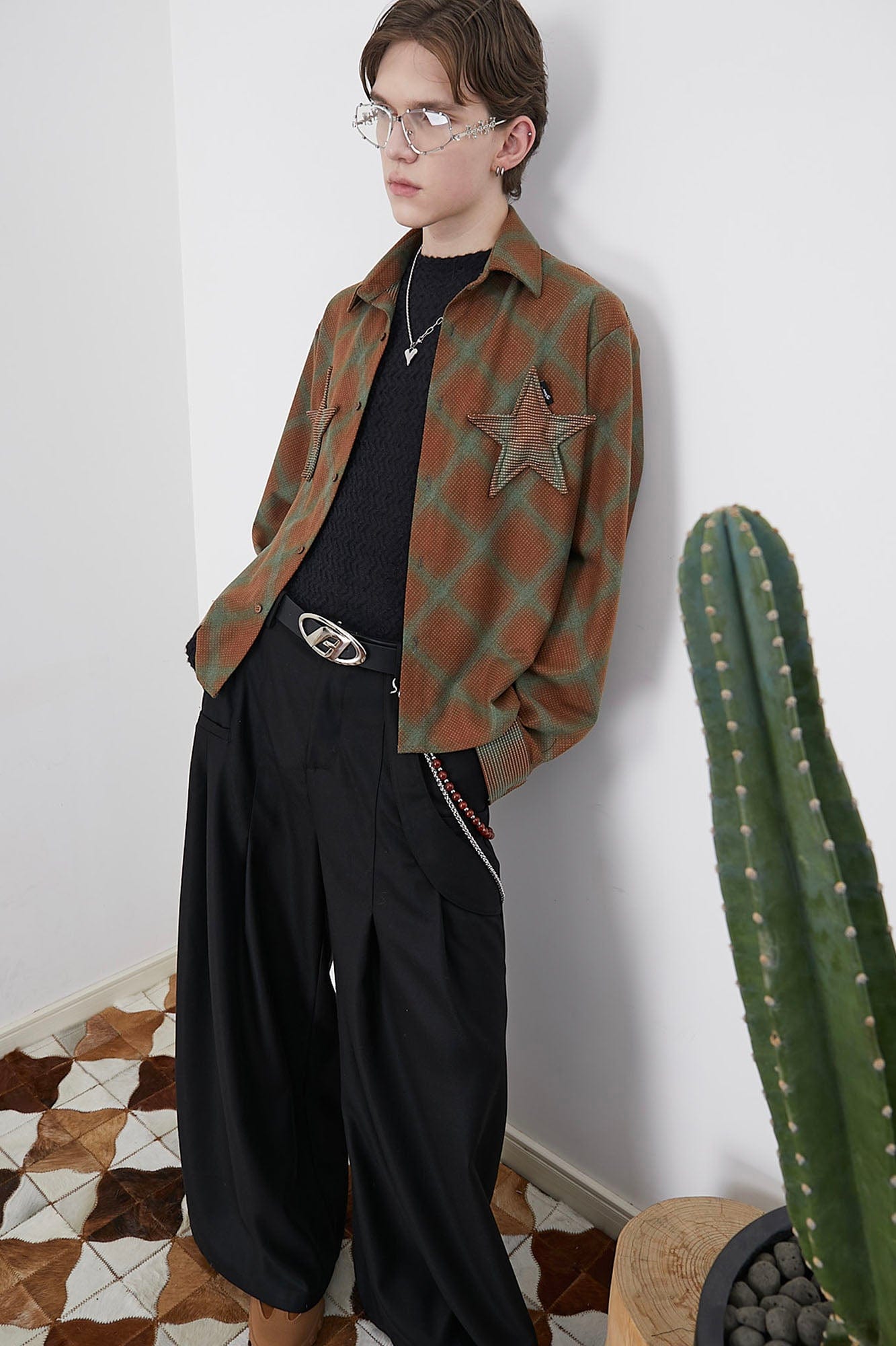 ASSEEN Symmetrical Star Patch Diamond Check Shirt, premium urban and streetwear designers apparel on PROJECTISR.com, ASSEEN