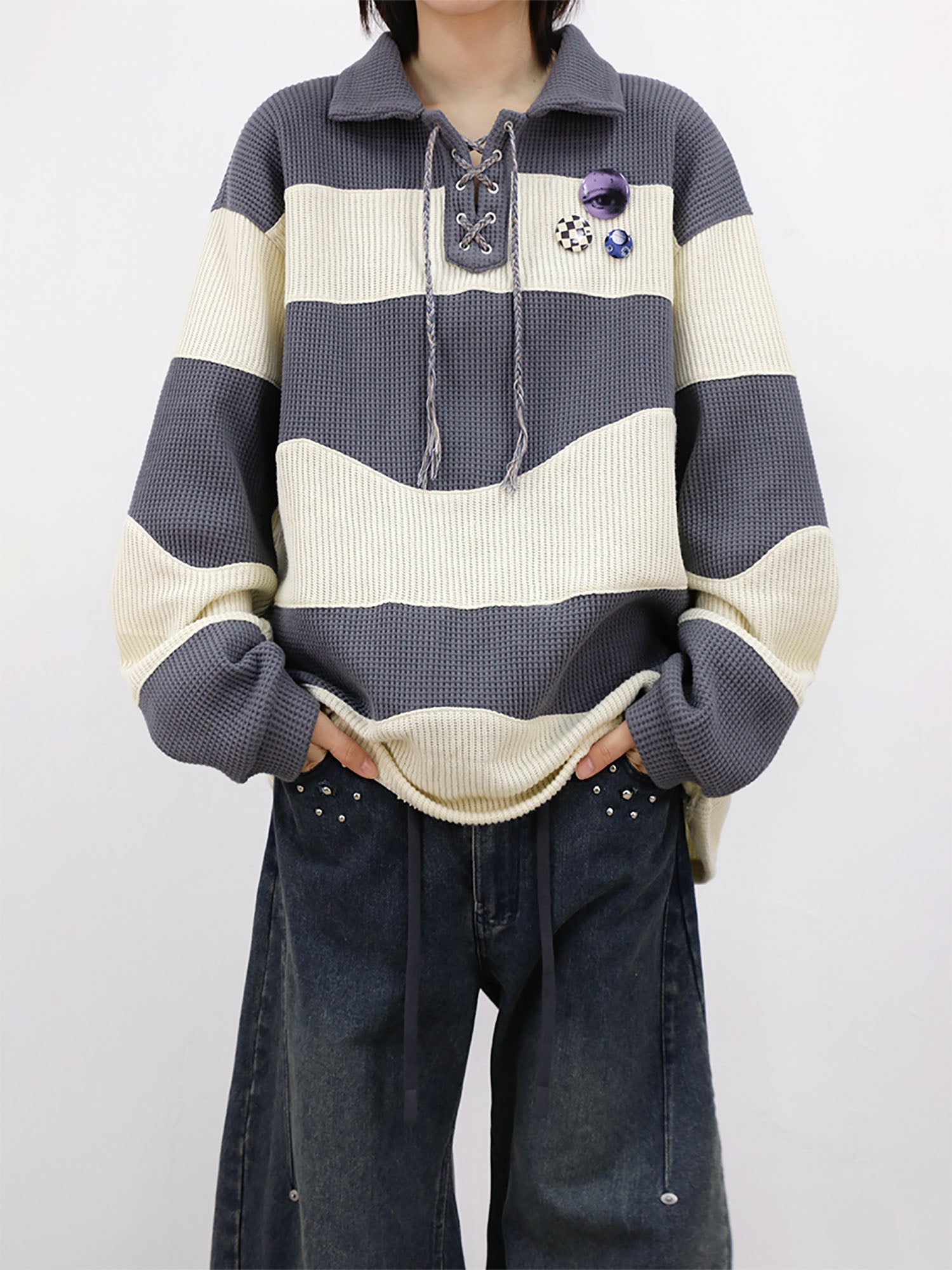 RELABEL Waffle-Knit Stripe Lace-Up Sweatshirt, premium urban and streetwear designers apparel on PROJECTISR.com, RELABEL