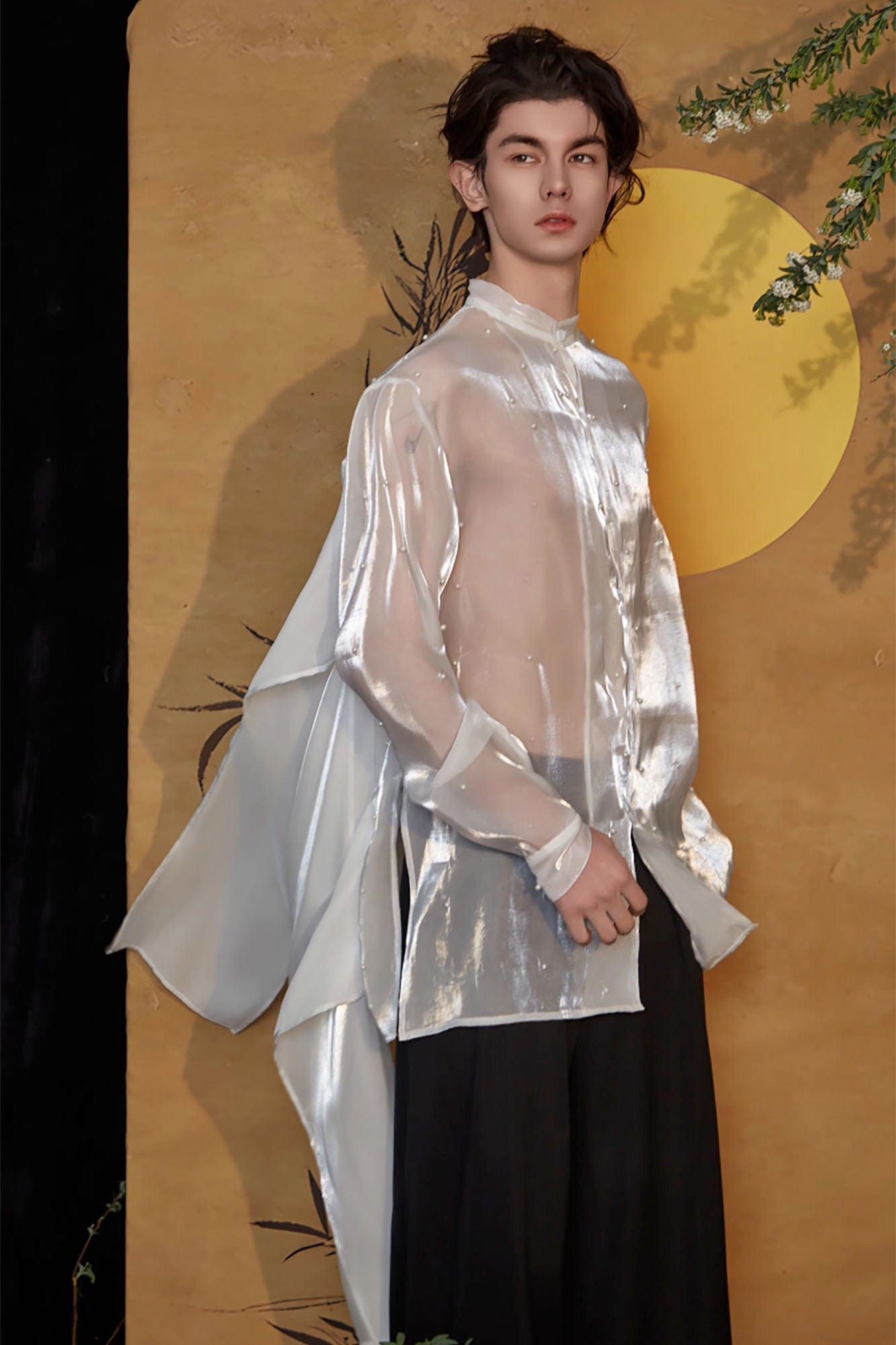 JIECHI Pearl Embroidered Layered Ribbon Organza Shirt, premium urban and streetwear designers apparel on PROJECTISR.com, JIECHI