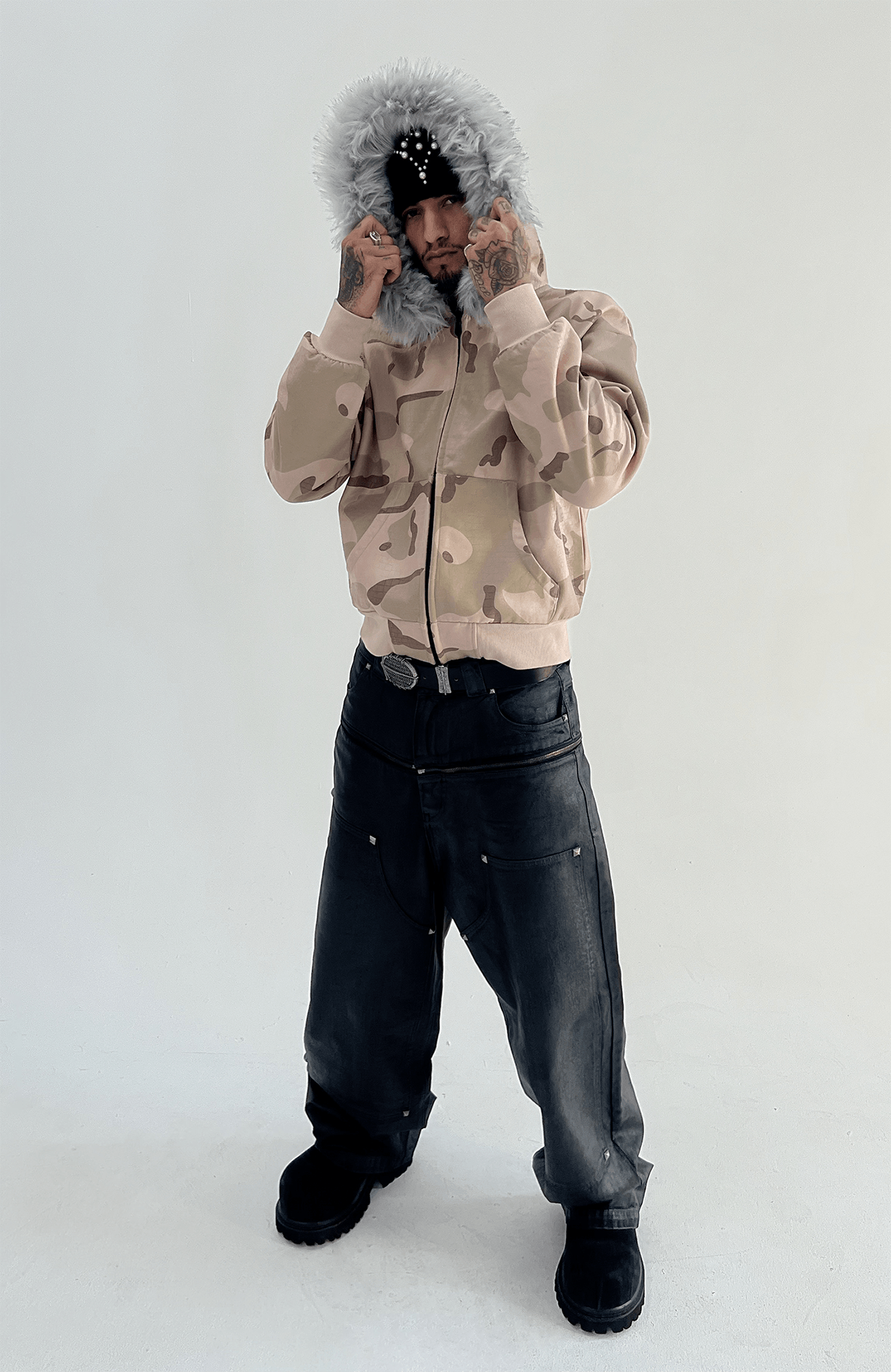 TECNINEGROUP Camo Waxed Faux Fur Hooded Jacket