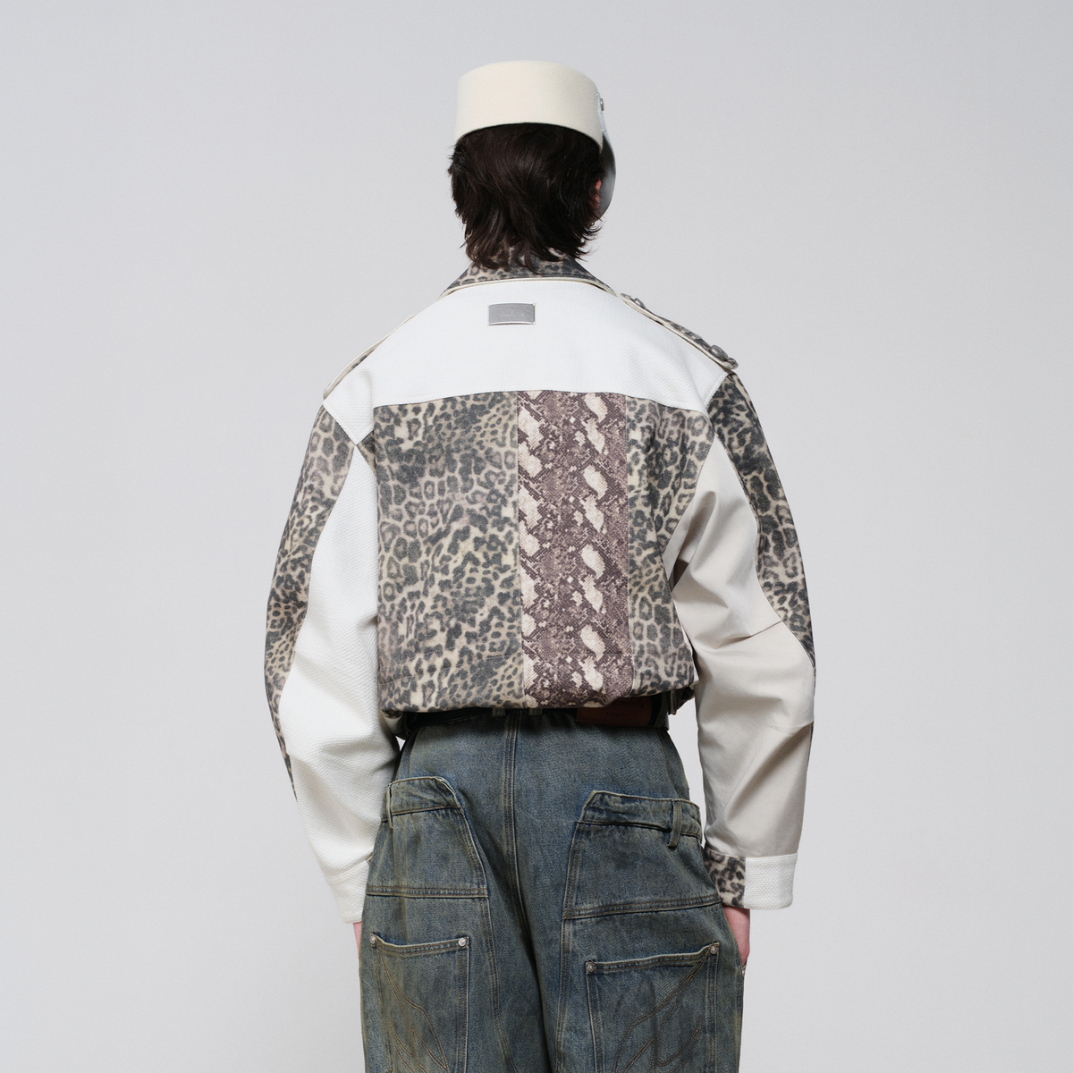 FACEONLAB Camo Spliced Leopard Lapel Jacket White