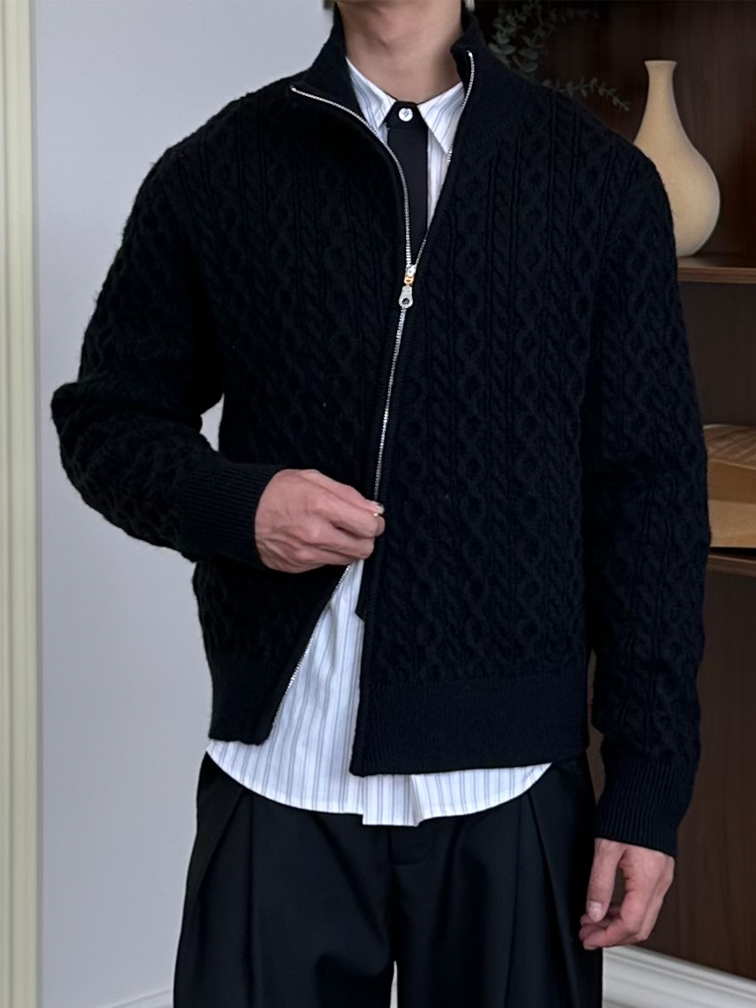 KREATE Asymmetrical Zip Cable-Knit Sweater, premium urban and streetwear designers apparel on PROJECTISR.com, KREATE