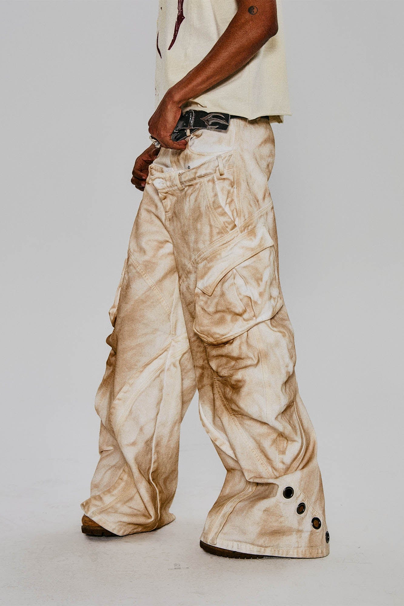 FLYERRER Rusted Double-Waist Multi-Pocket Curved-Leg Cargo